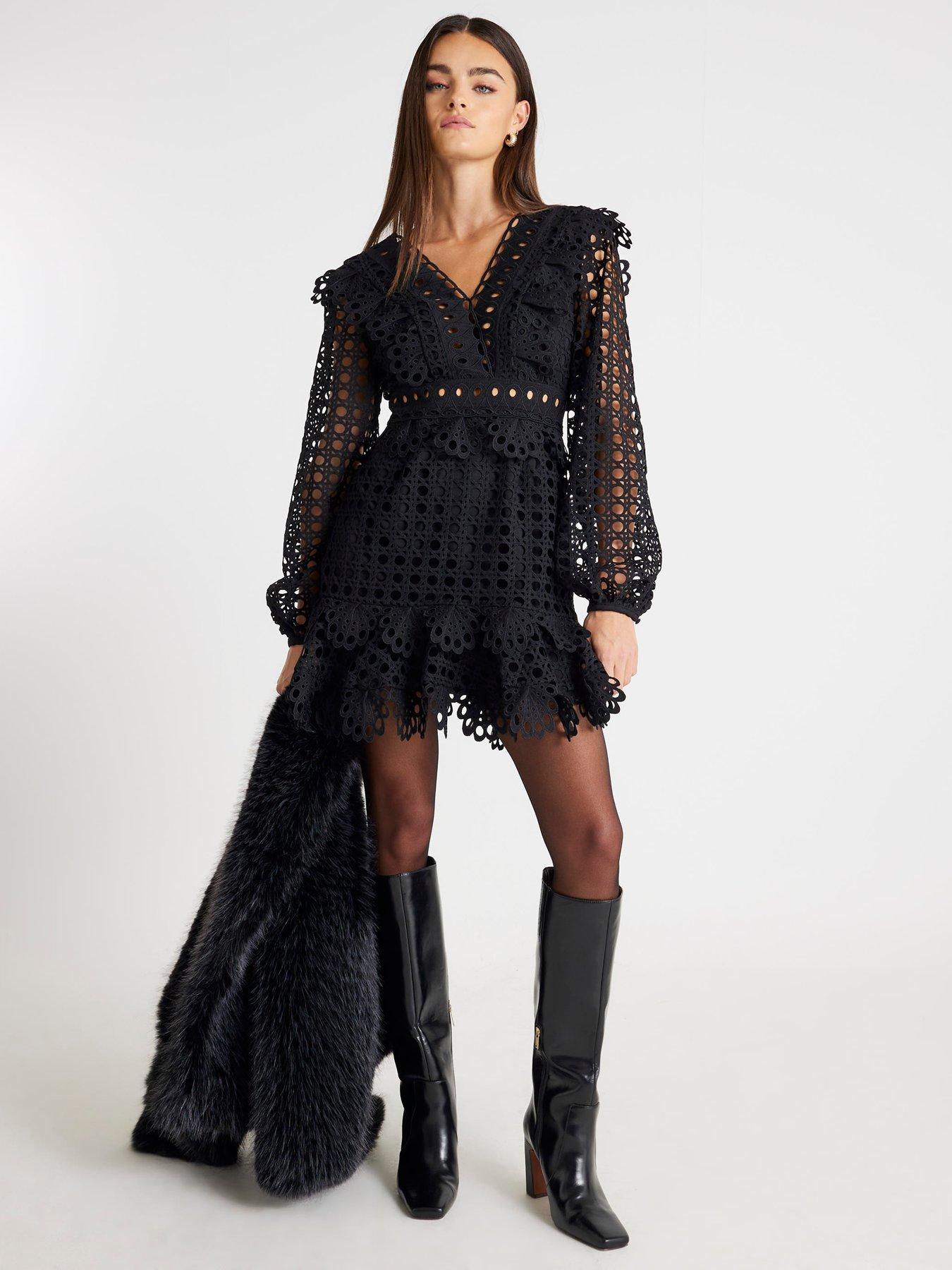 River Island Long Sleeve Lace Mini Dress - Black