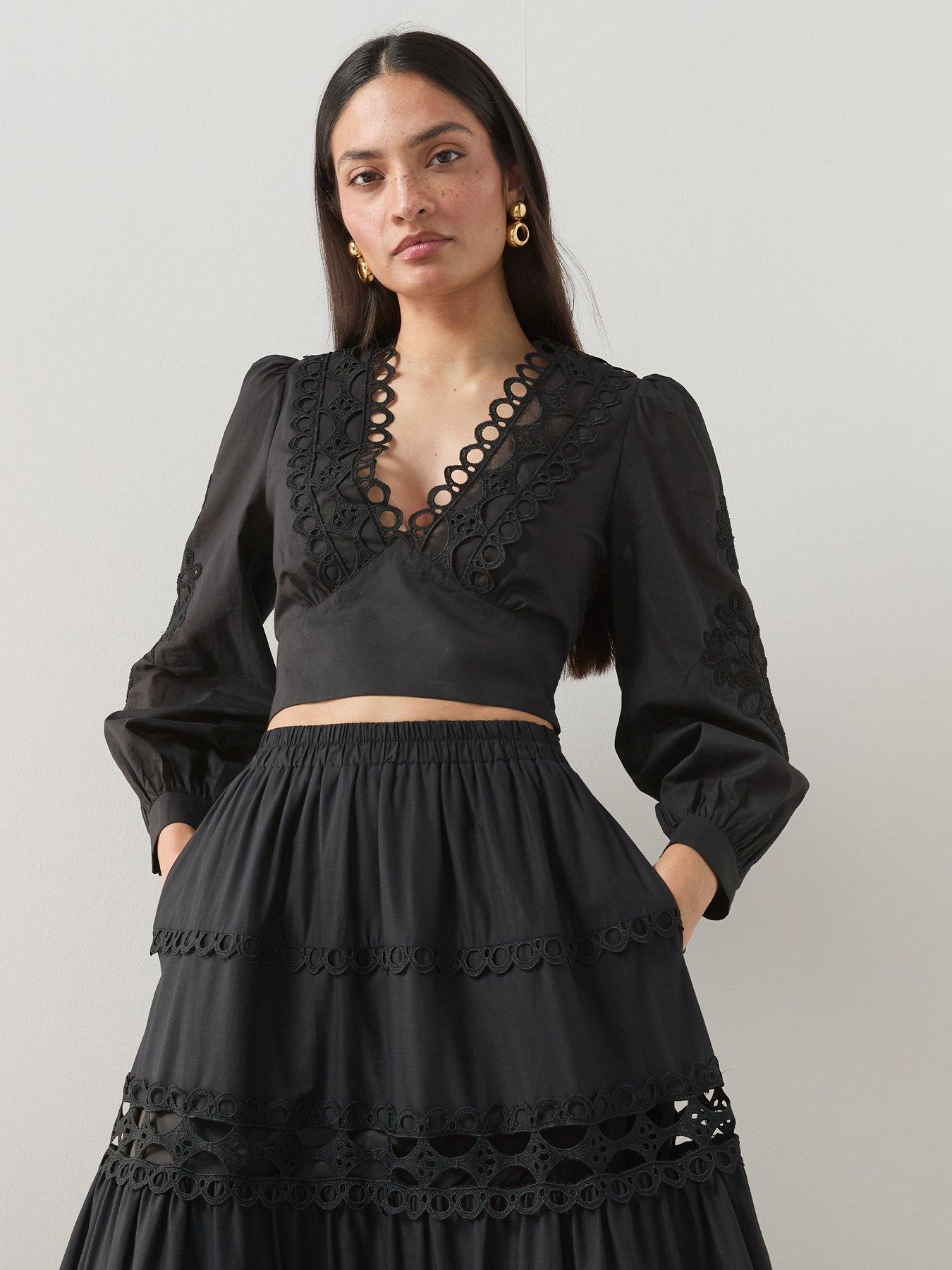 The Very Collection Cotton Broderie Long Sleeve V-Neck Blouse - Black