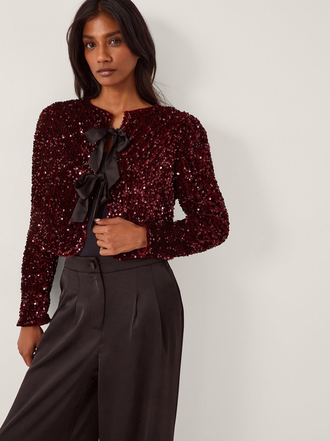 Image 1 of 4 of Monsoon Belinda Bow Sequin Jacket - Red
