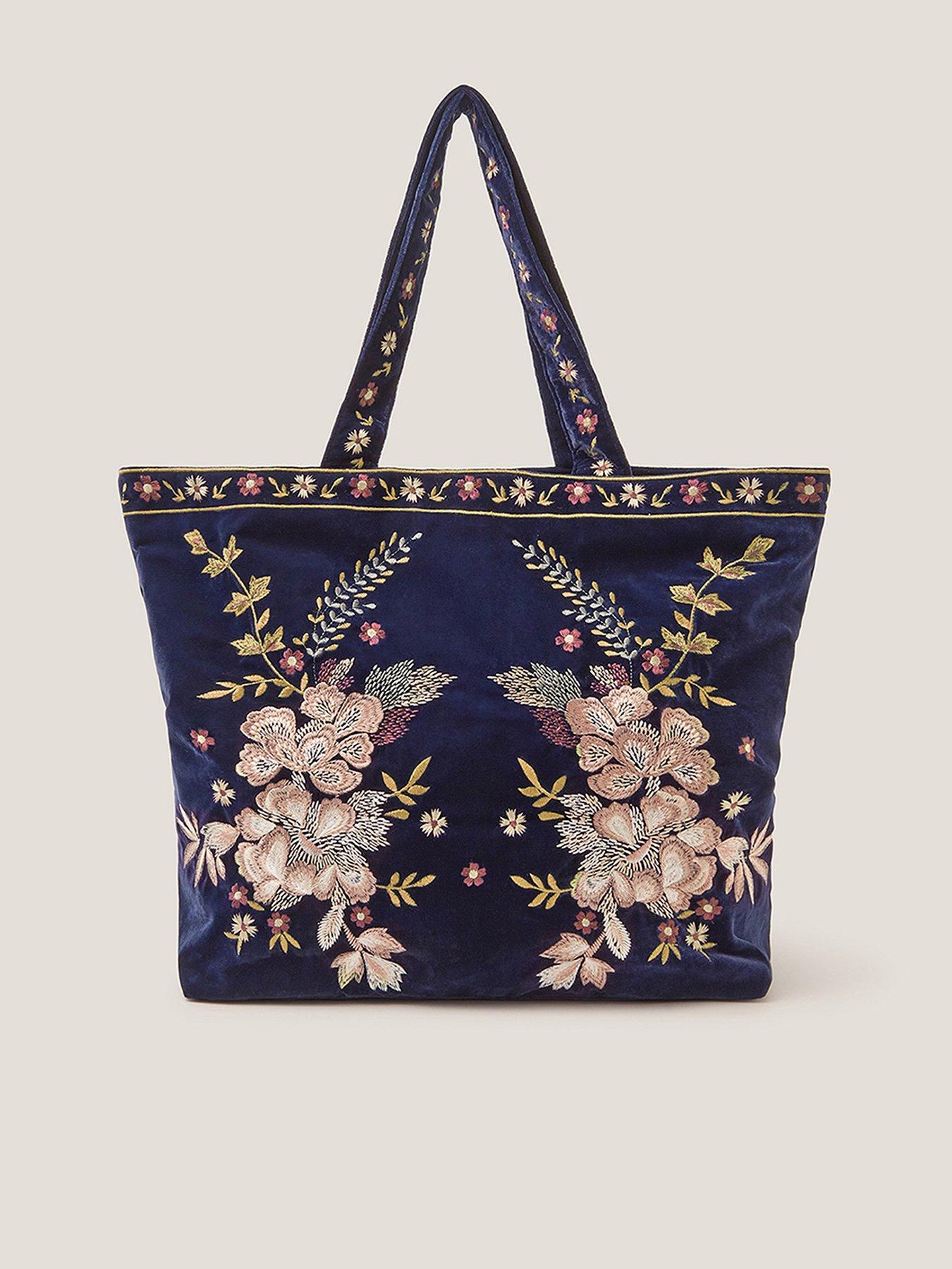 Image 1 of 4 of Monsoon Fallon Floral Embroidered Velvet Tote Bag - Blue