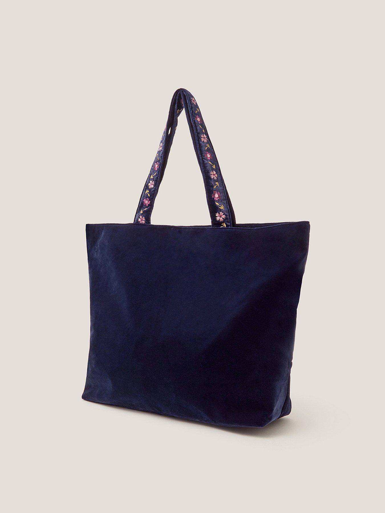 Image 2 of 4 of Monsoon Fallon Floral Embroidered Velvet Tote Bag - Blue