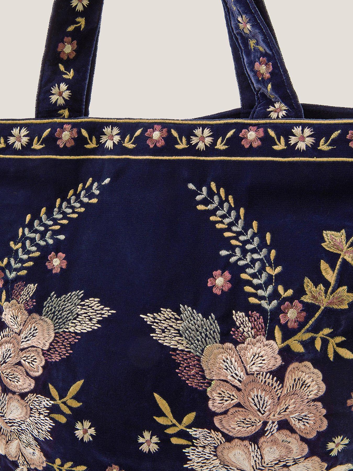 Image 4 of 4 of Monsoon Fallon Floral Embroidered Velvet Tote Bag - Blue