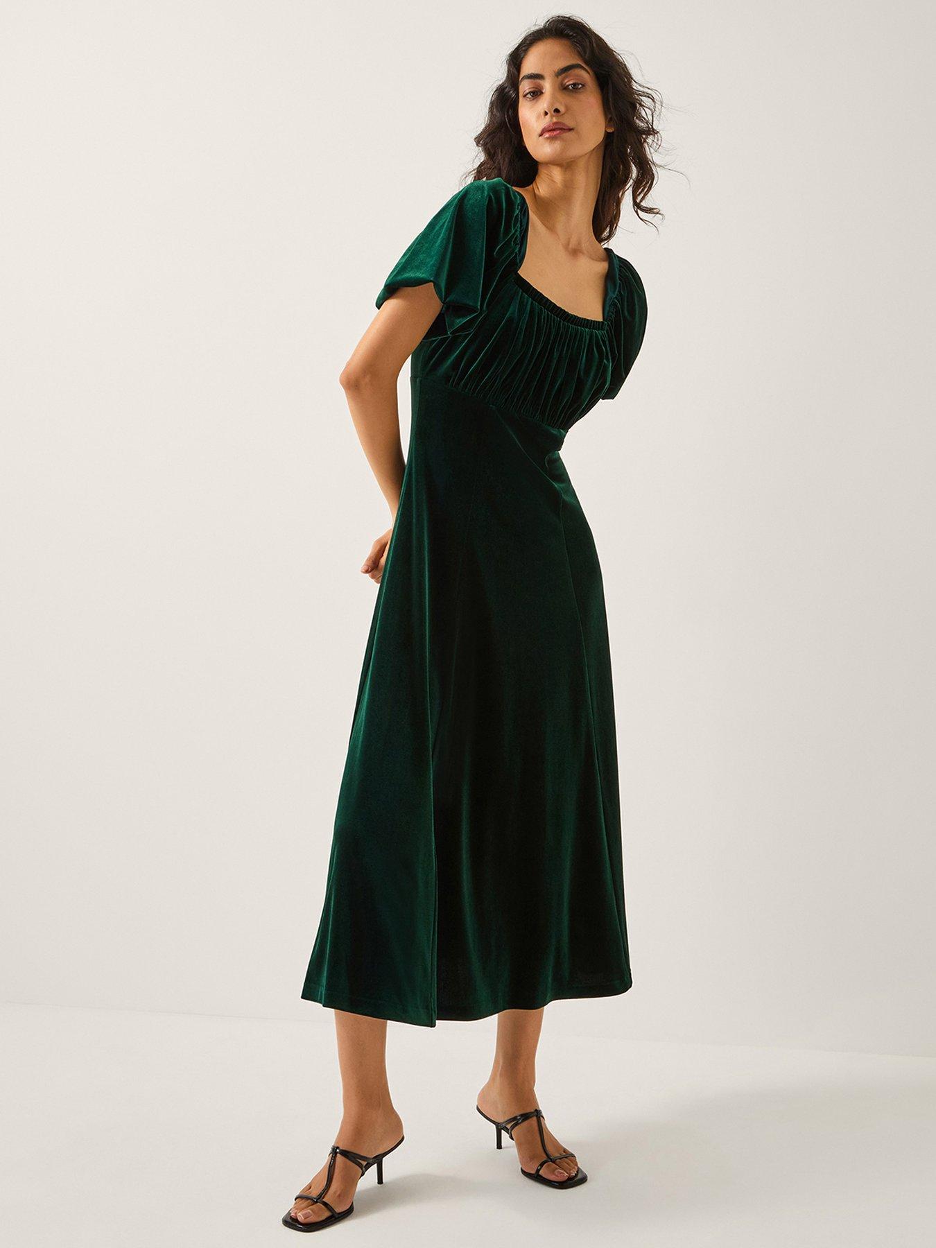 Monsoon Cynthia Puff Sleeve Velvet Midi Dress - Green