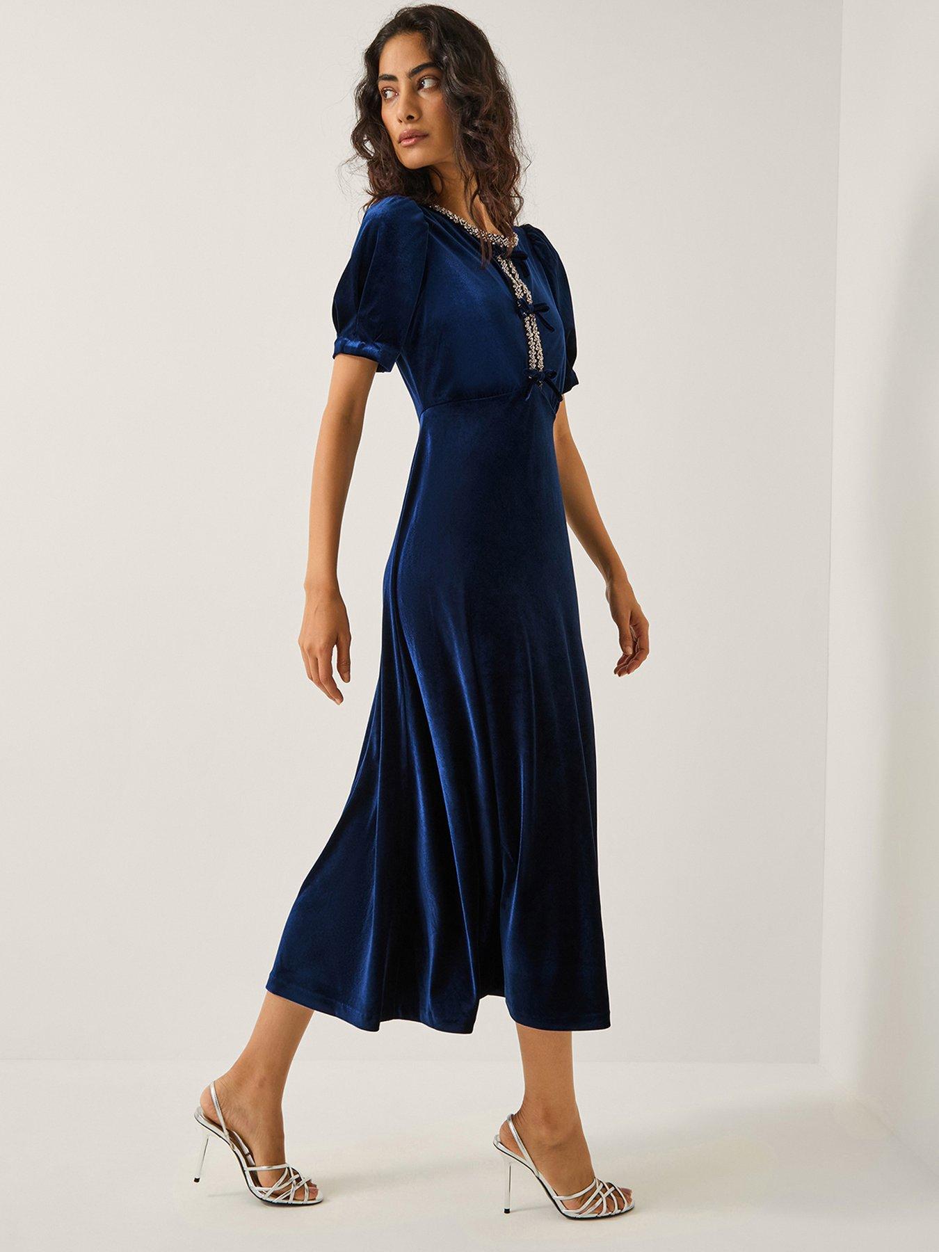 Monsoon Celeste Embellished Bow Velvet Midi Dress - Blue