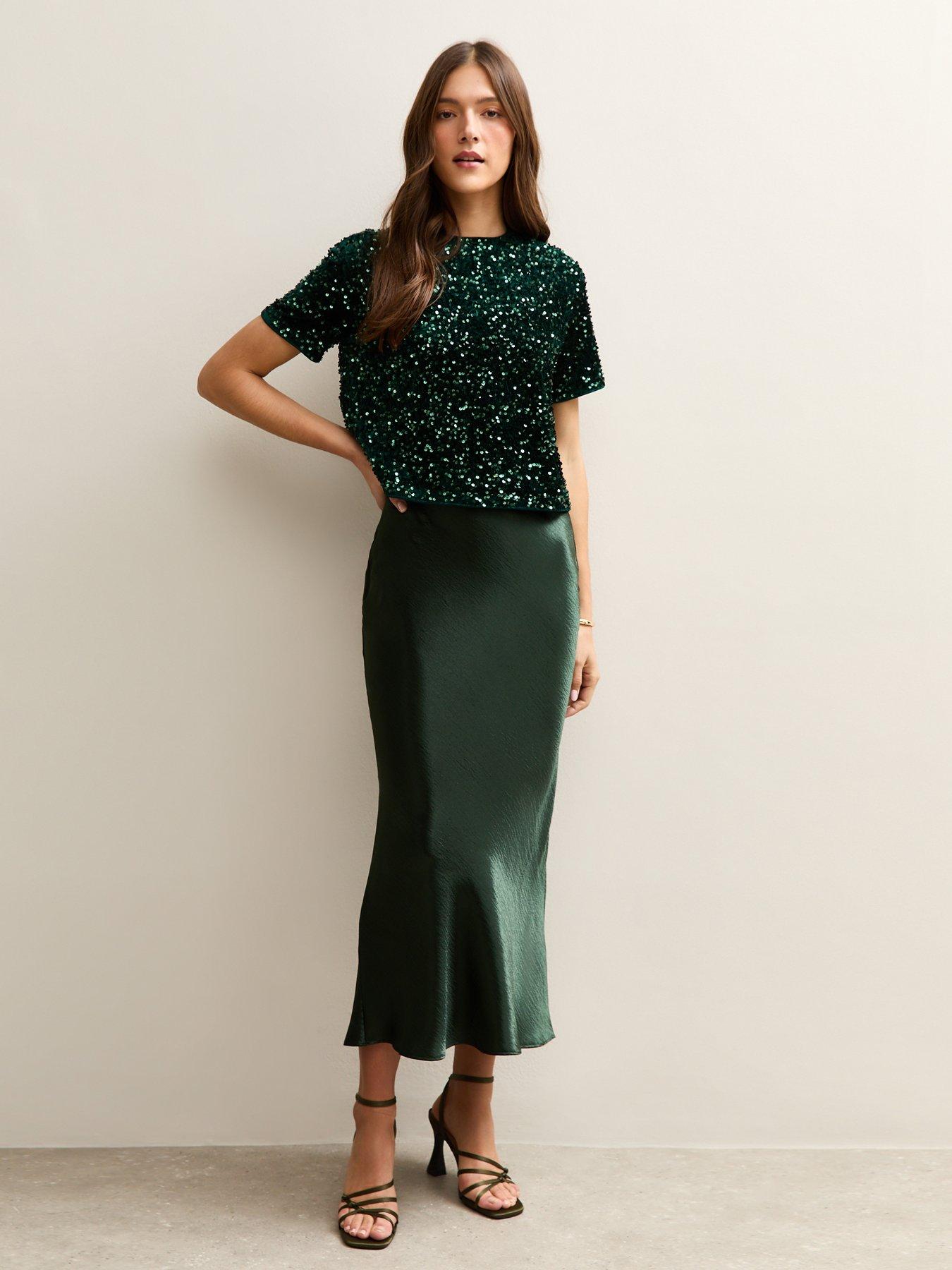 New Look Dark Green Satin Midi Skirt | Very Ireland