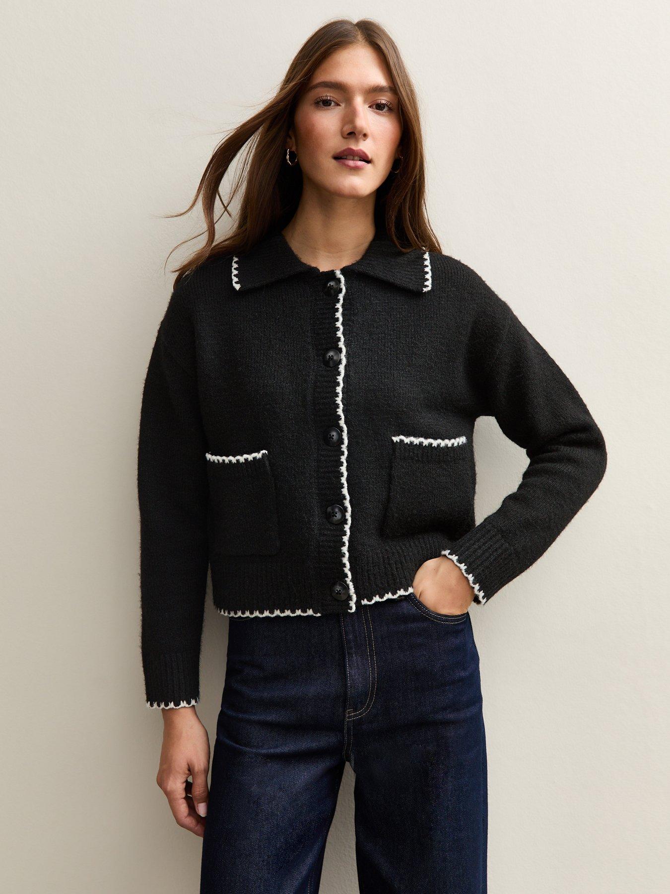 Image 1 of 5 of New Look Black Blanket Stitch Collared Cardigan