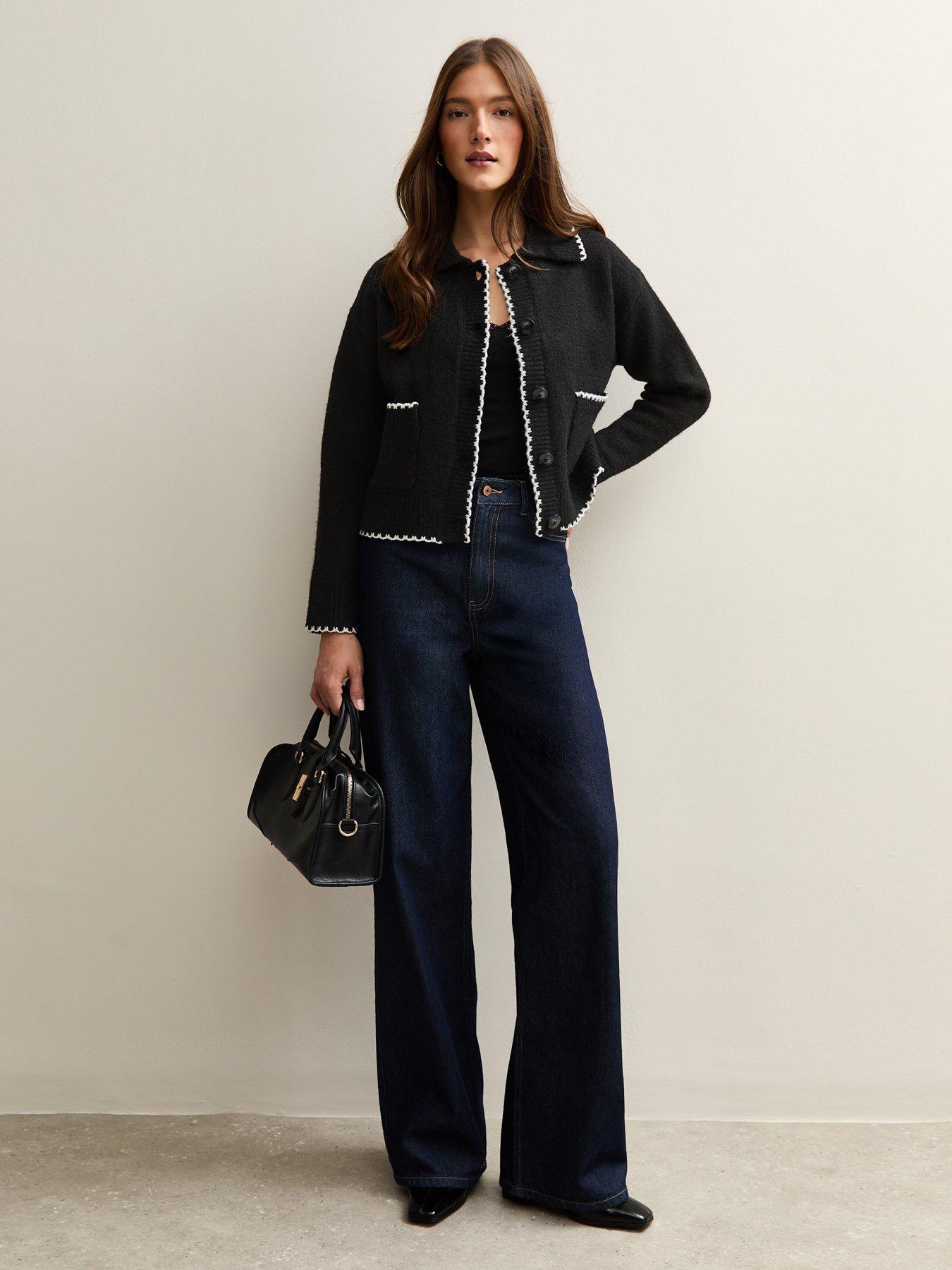 Image 3 of 5 of New Look Black Blanket Stitch Collared Cardigan