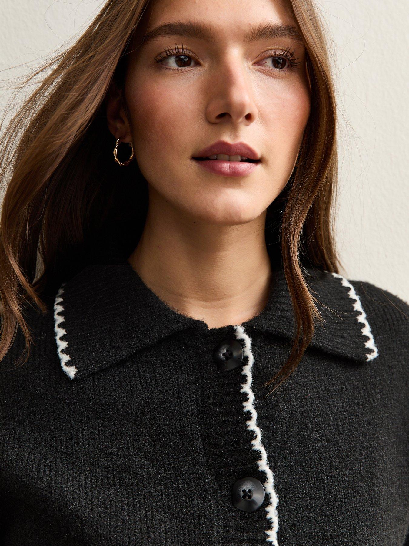 Image 4 of 5 of New Look Black Blanket Stitch Collared Cardigan