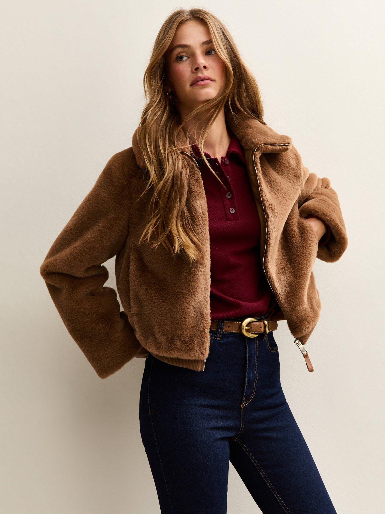 new-look-faux-fur-bomber-jacket-brownoutfit