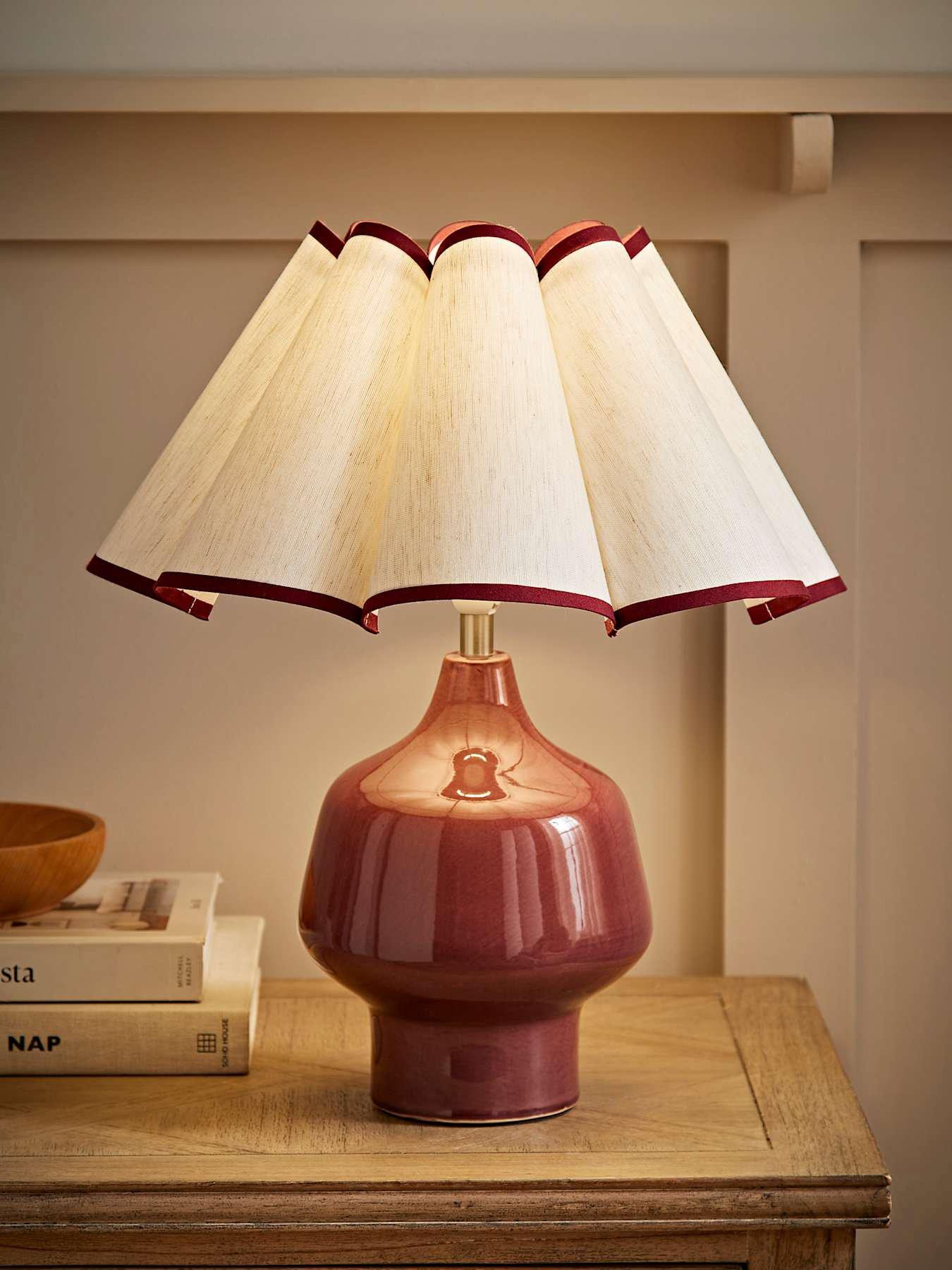 ValueLights Jamie Burgundy Glazed Ceramic Table Lamp With Scallop Trim Shade