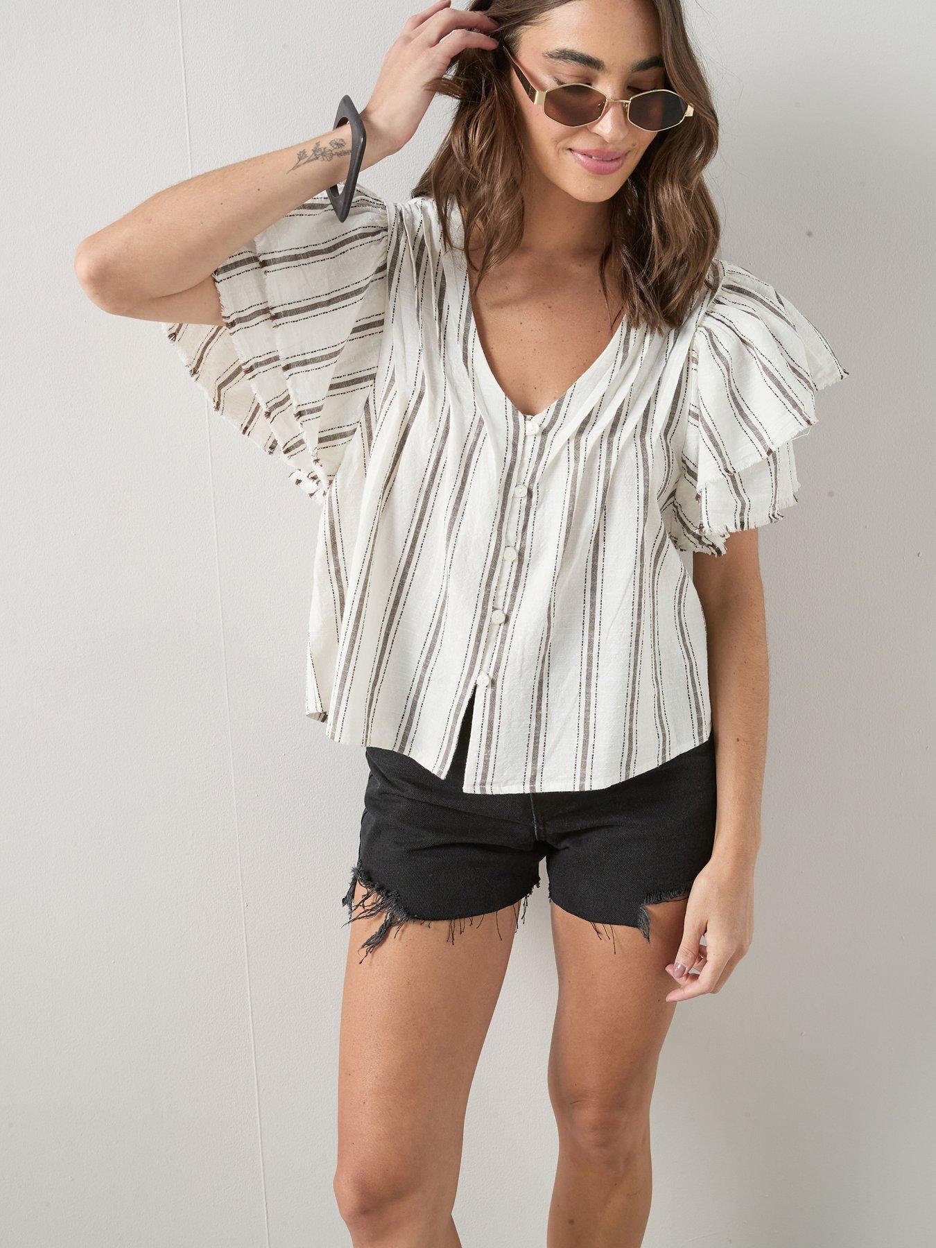 Image 1 of 7 of The Very Collection V-Neck Fluted Blouse - Stripe
