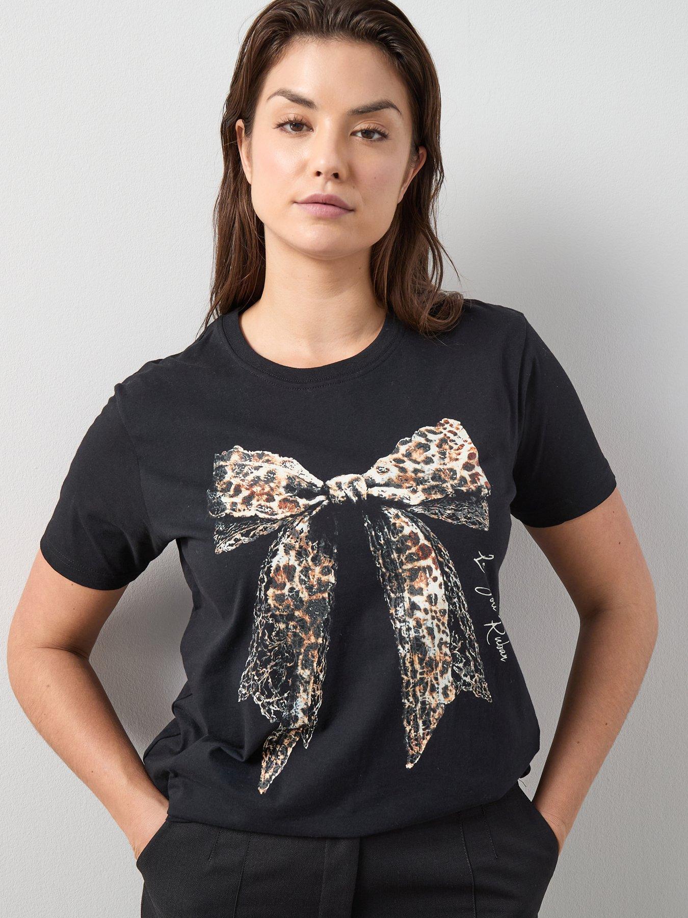 Image 1 of 6 of The Very Collection Curve Printed Bow T-Shirt - Black