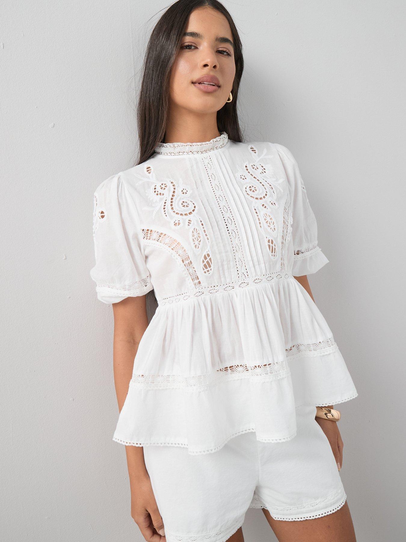 The Very Collection Broderie Lace Detail Puff Sleeve Co-Ord Blouse - White