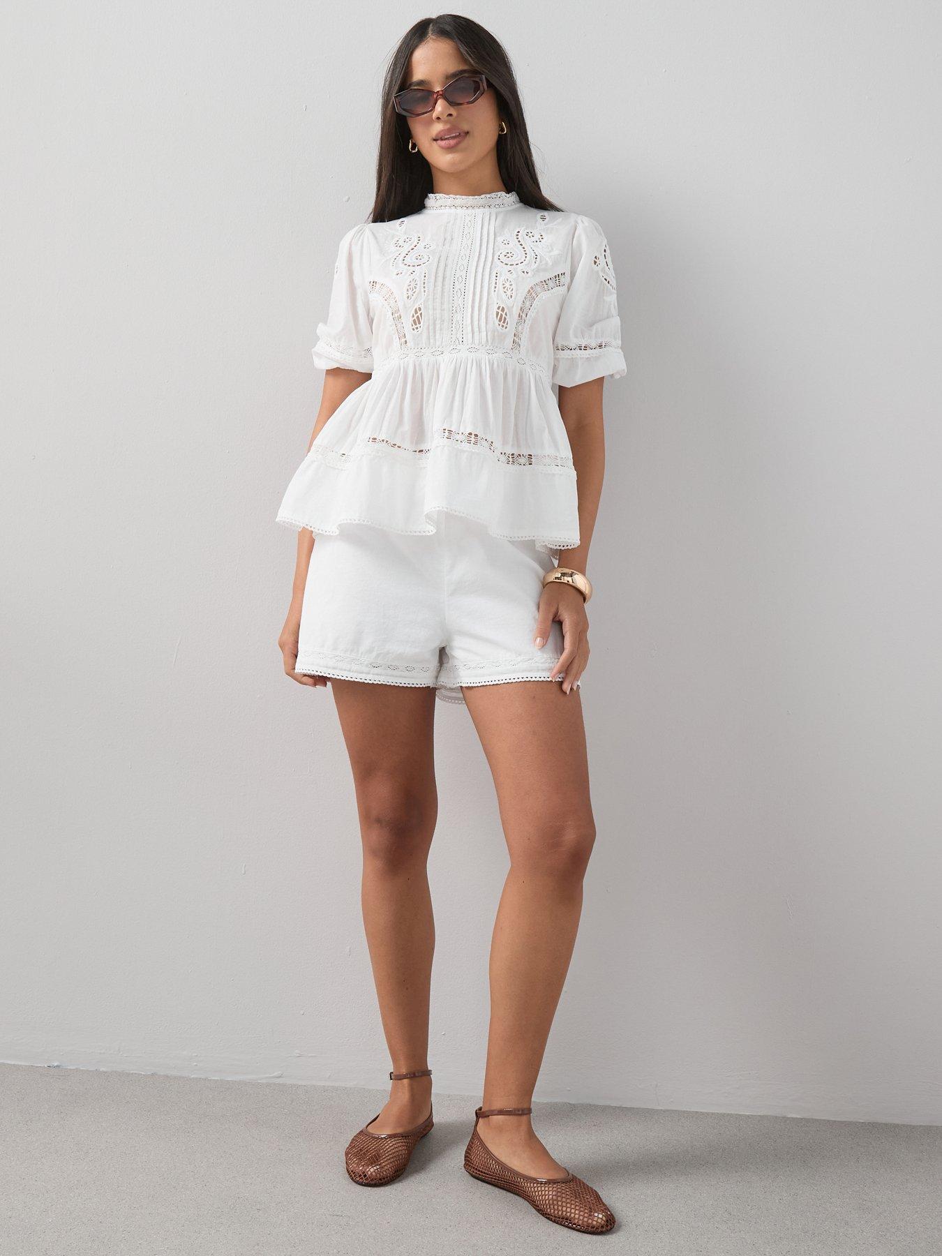 The Very Collection Broderie Lace Detail Co-Ord Shorts - White