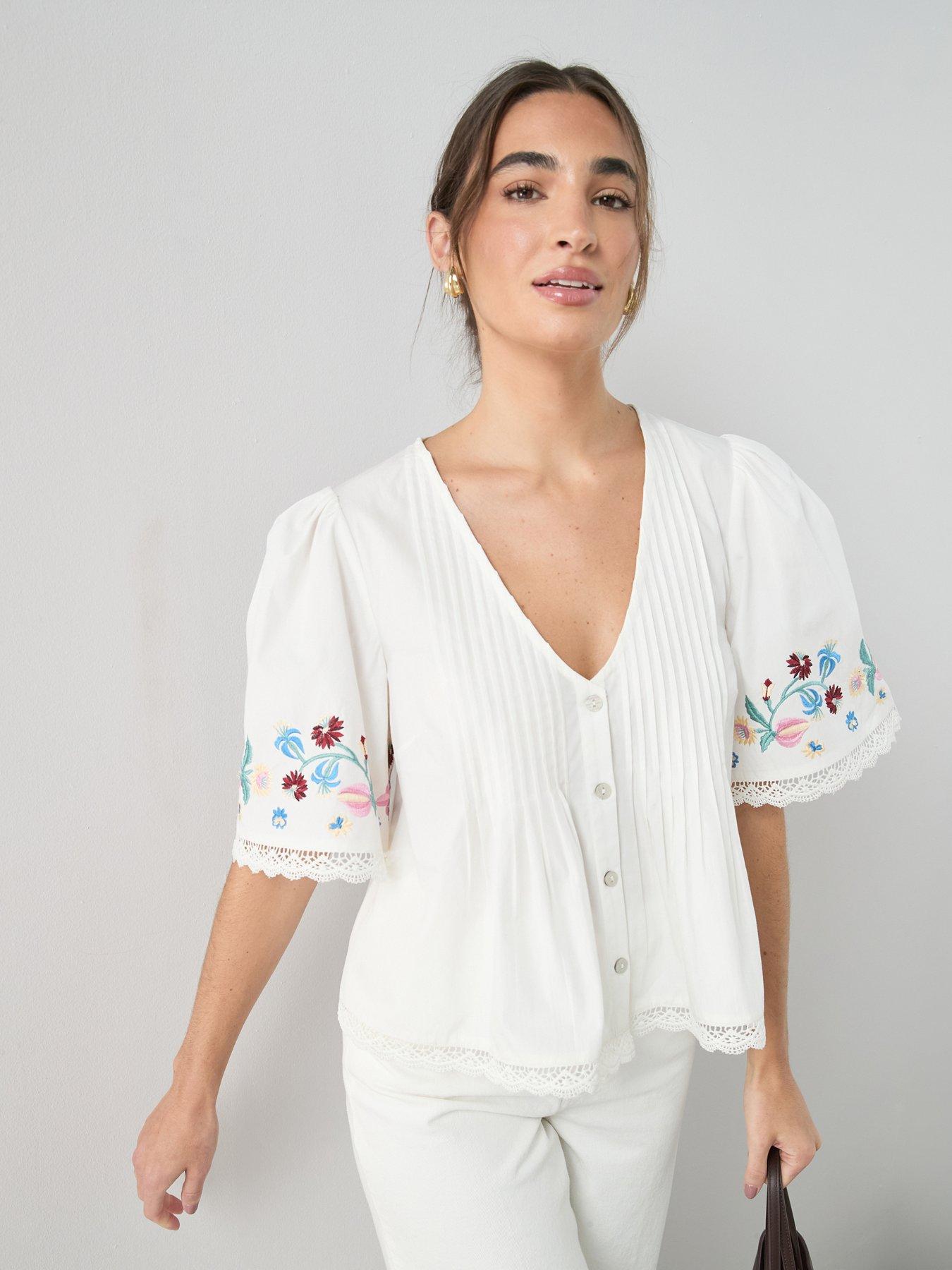 The Very Collection Lace Trimmed Pleated Embroidered Blouse