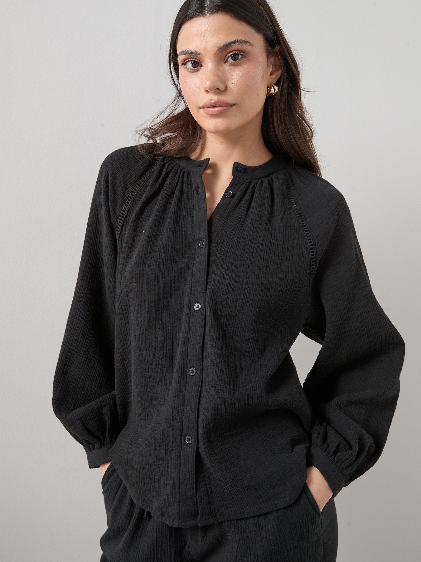 Image 1 of 6 of The Very Collection Ladder Insert Crinkle Co-Ord Blouse - Black