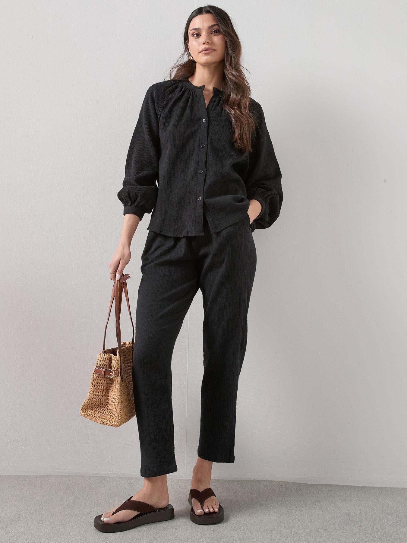 Image 3 of 6 of The Very Collection Ladder Insert Crinkle Co-Ord Blouse - Black