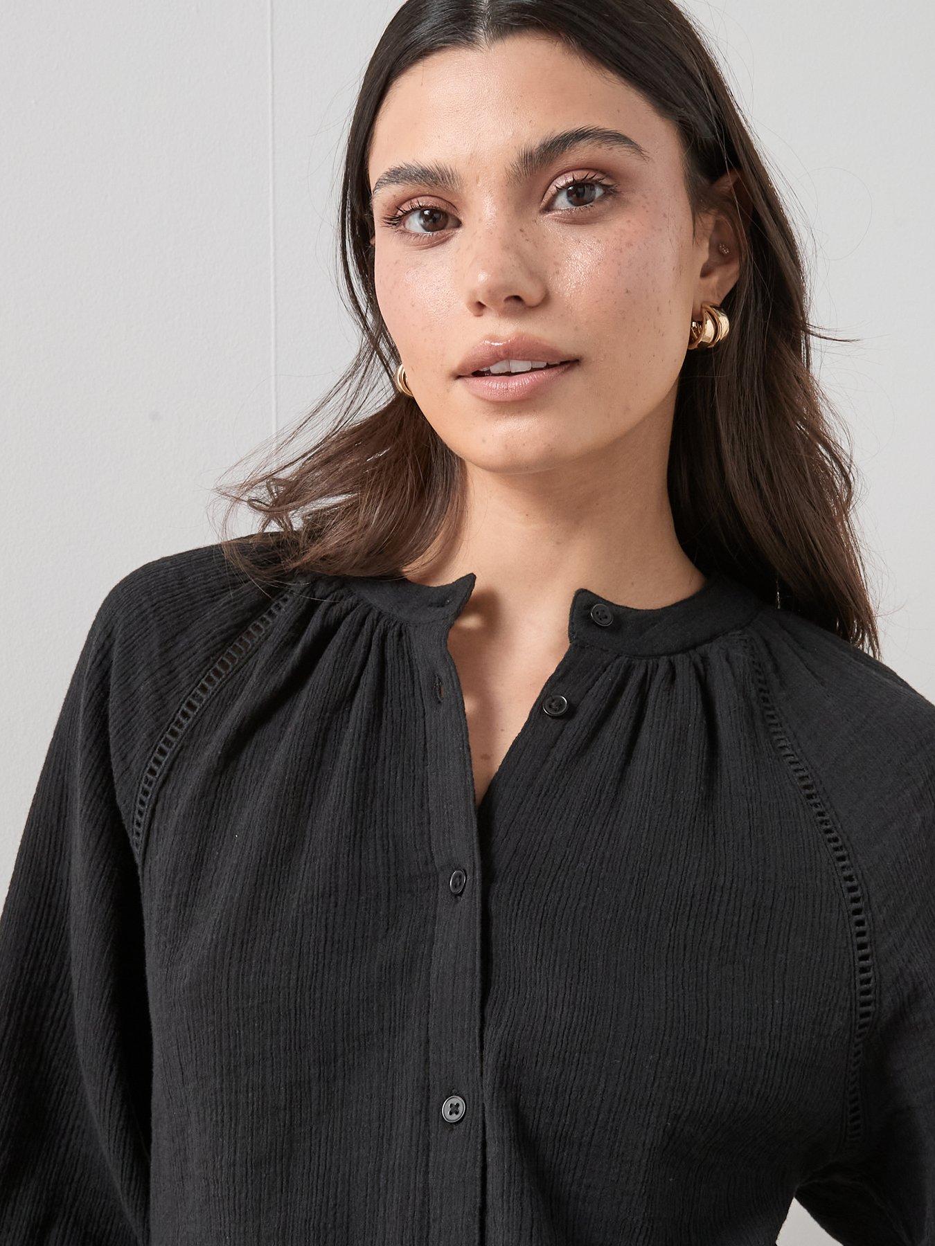 Image 4 of 6 of The Very Collection Ladder Insert Crinkle Co-Ord Blouse - Black