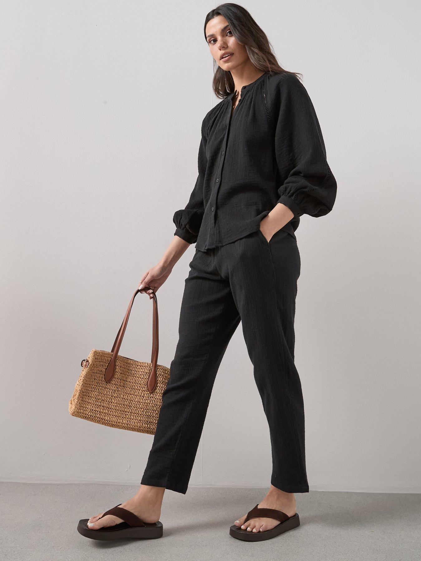 Image 6 of 6 of The Very Collection Ladder Insert Crinkle Co-Ord Blouse - Black