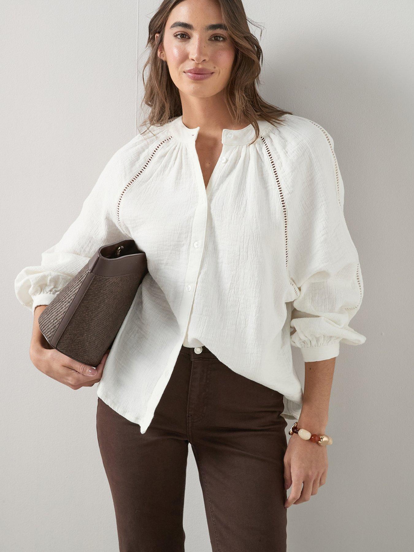 Image 1 of 7 of The Very Collection Ladder Insert Crinkle Blouse - White