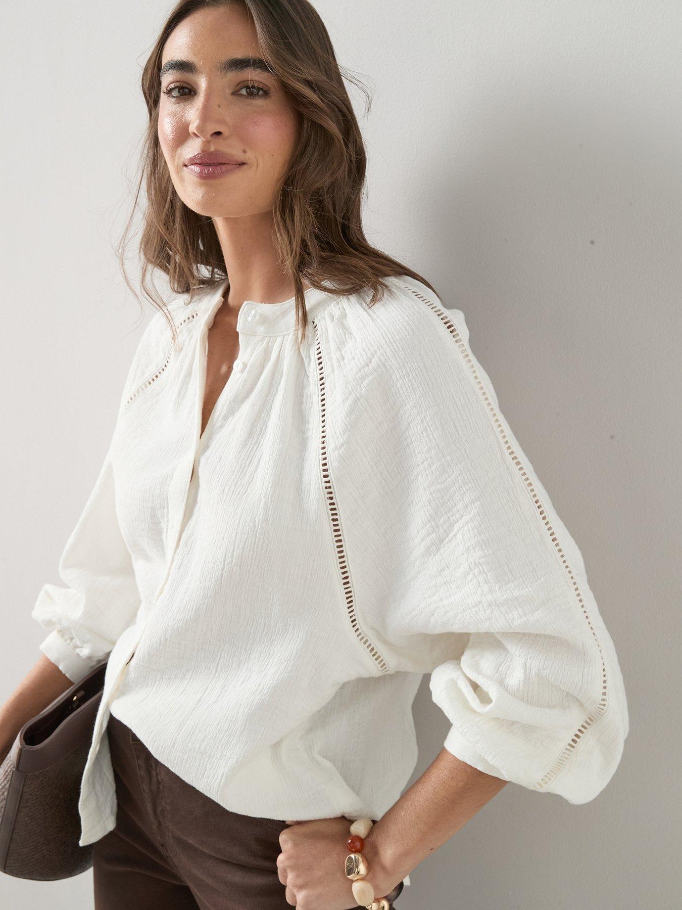Image 4 of 7 of The Very Collection Ladder Insert Crinkle Blouse - White
