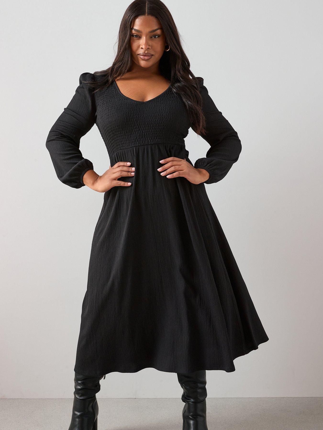 the-very-collection-curve-v-neck-shirred-midi-dress-blackfront
