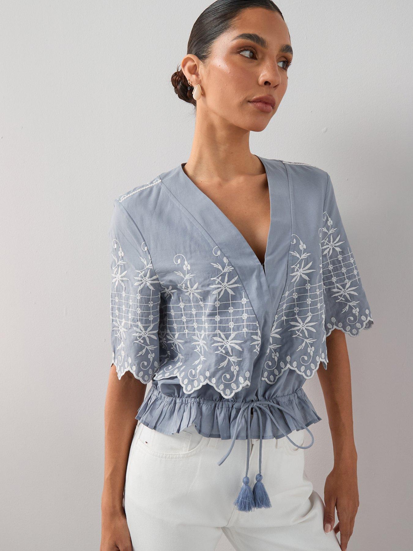 The Very Collection Cotton Embroidered Tie-Waist Co-Ord Blouse - Blue