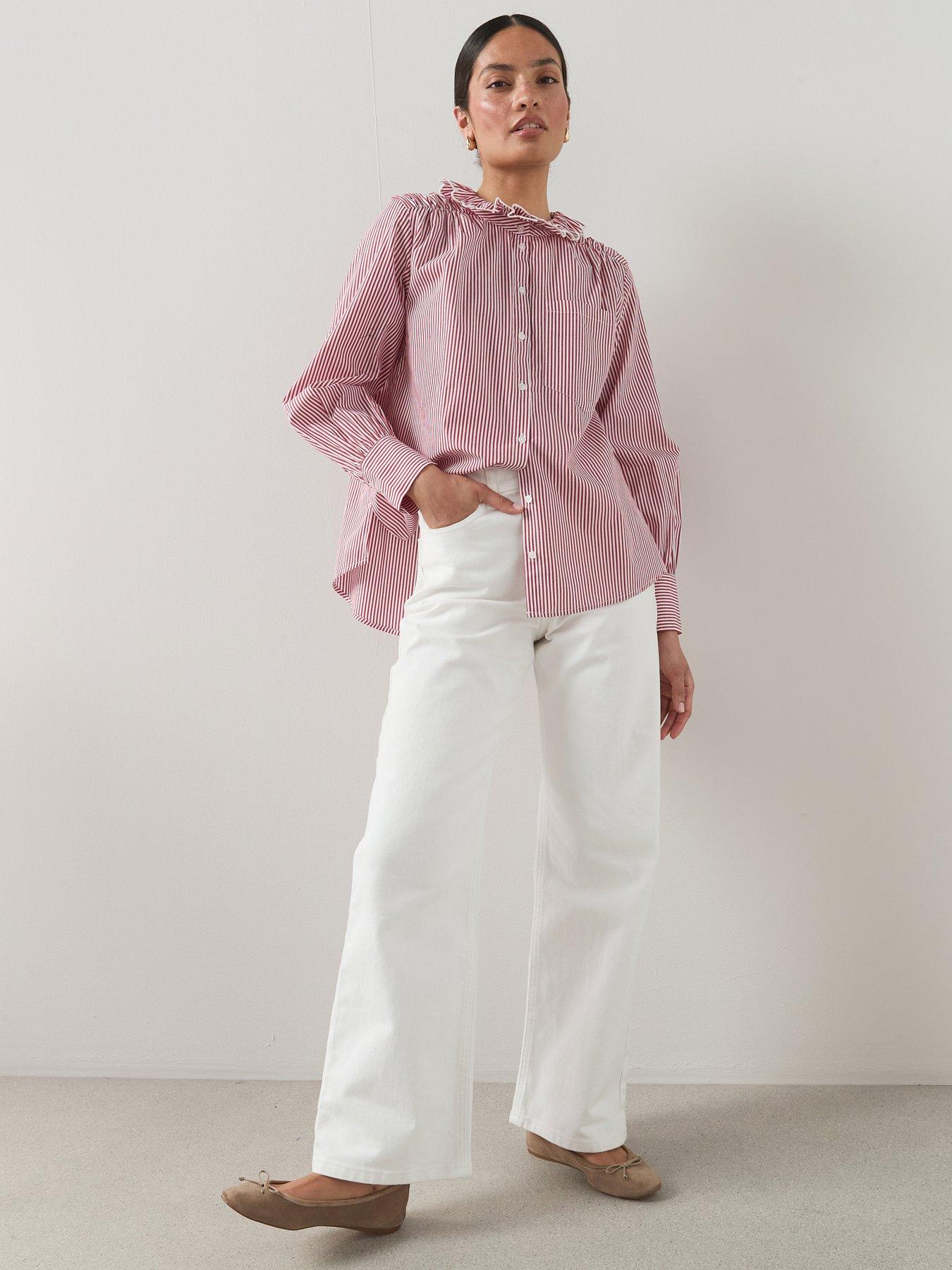 Image 1 of 6 of The Very Collection Scalloped Frill Stripe Button Up Shirt - Red