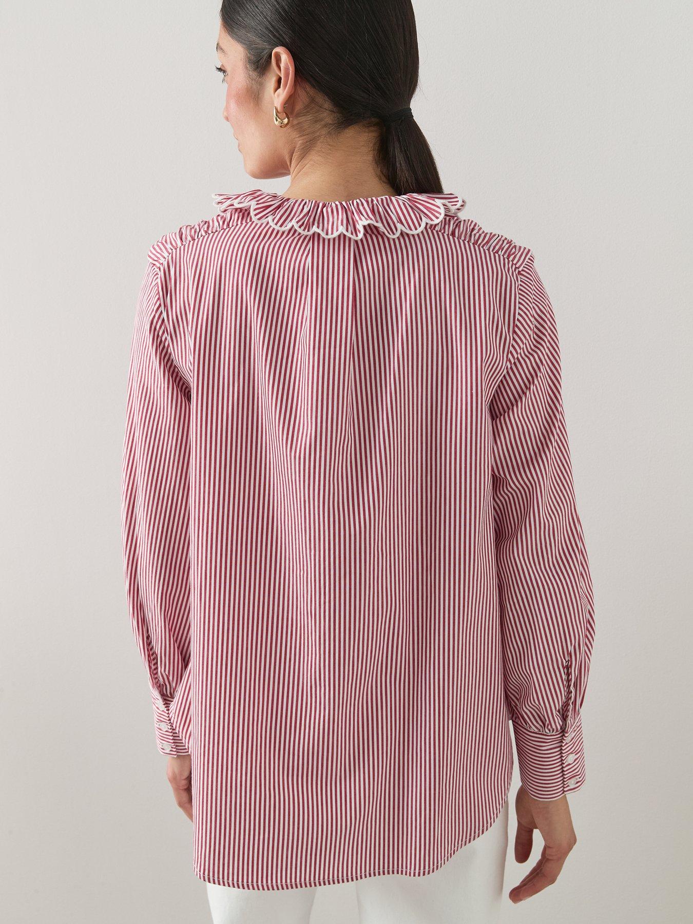 Image 2 of 6 of The Very Collection Scalloped Frill Stripe Button Up Shirt - Red