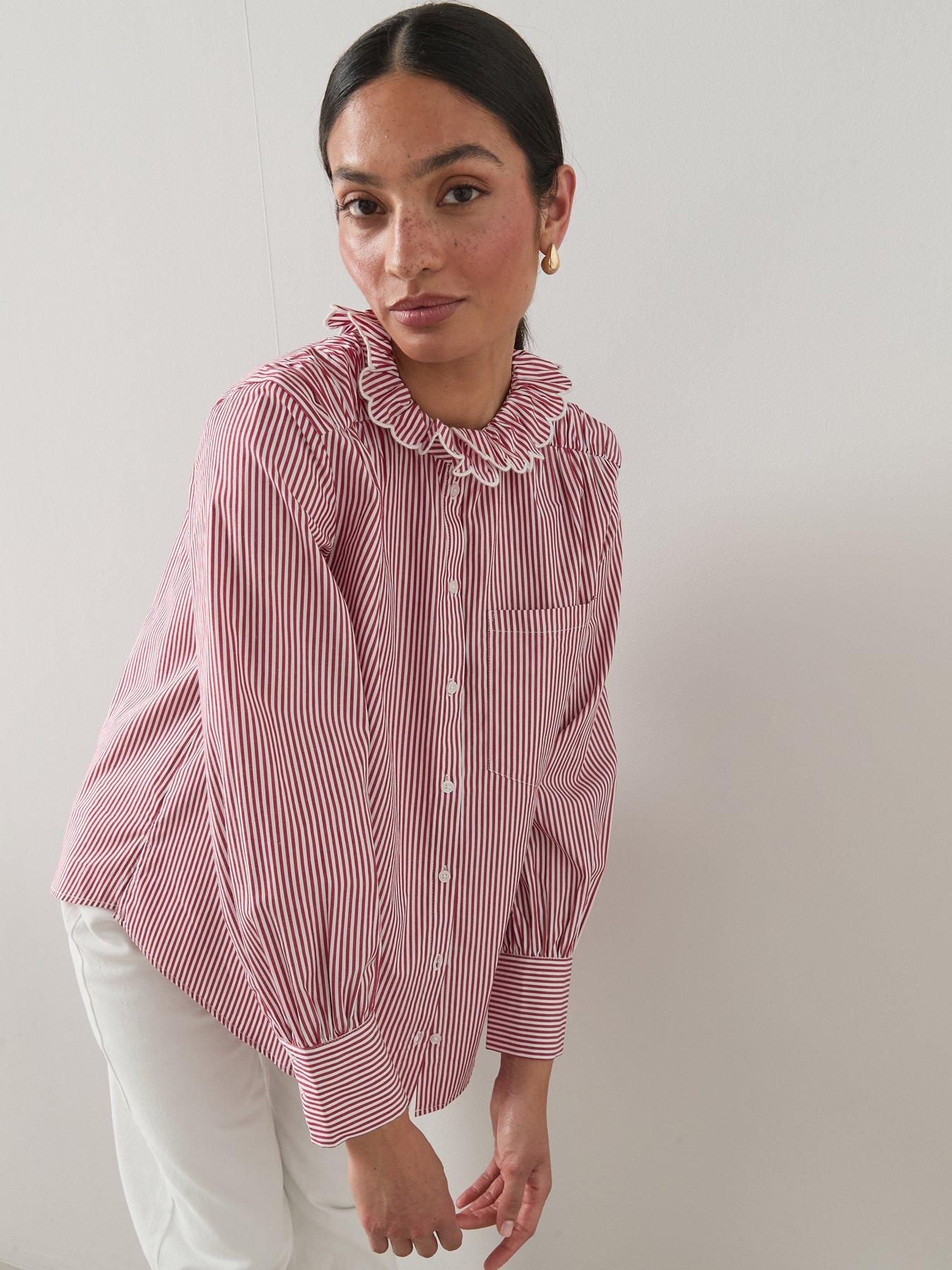 Image 5 of 6 of The Very Collection Scalloped Frill Stripe Button Up Shirt - Red