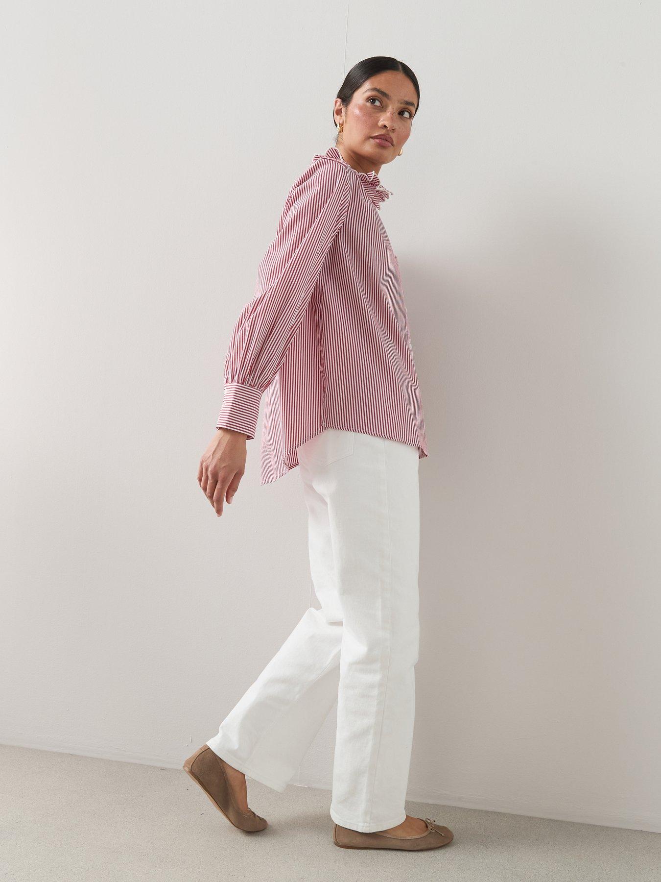 Image 6 of 6 of The Very Collection Scalloped Frill Stripe Button Up Shirt - Red
