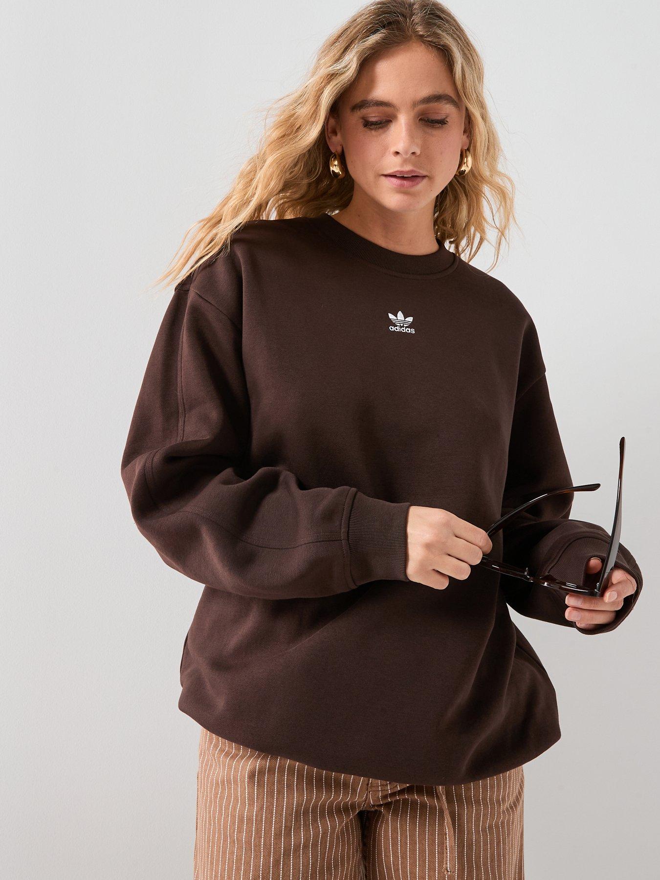 adidas-originals-womens-essentials-fleece-long-oversized-crew-sweatshirt-brown