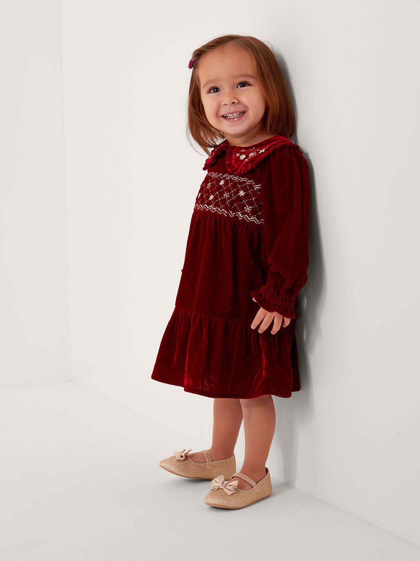 Monsoon Baby Girls Floral Embroidered Velvet Dress - Dark Red