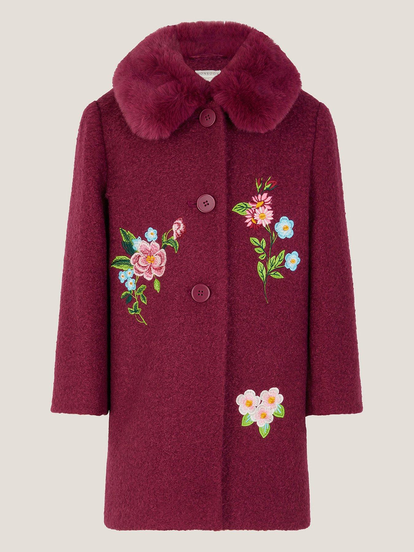 Monsoon Girls Floral Embroidered Boucle Coat - Dark Red