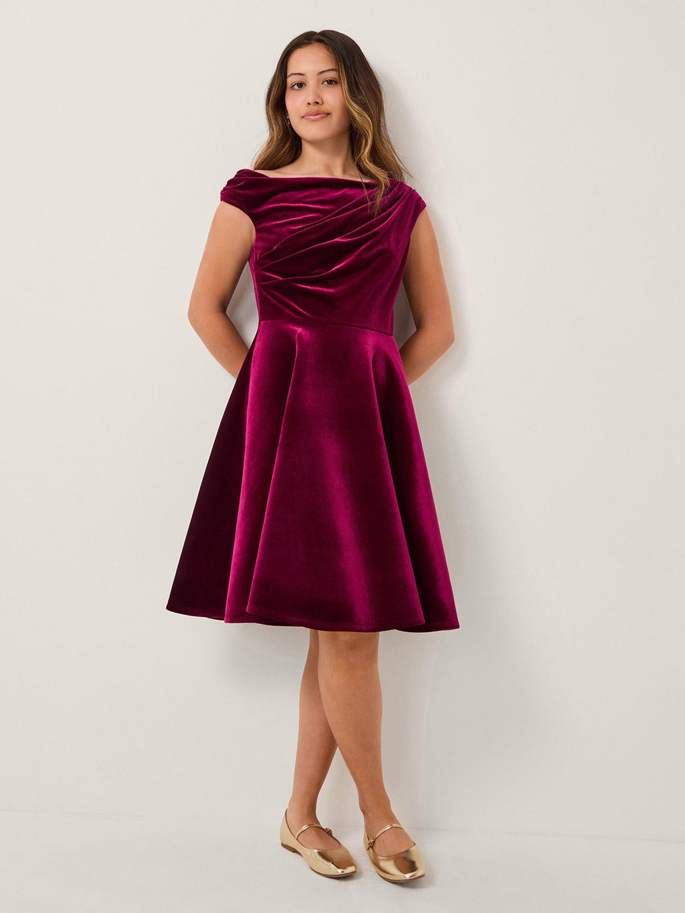 Monsoon Girls One Shoulder Drape Velvet Party Dress - Red