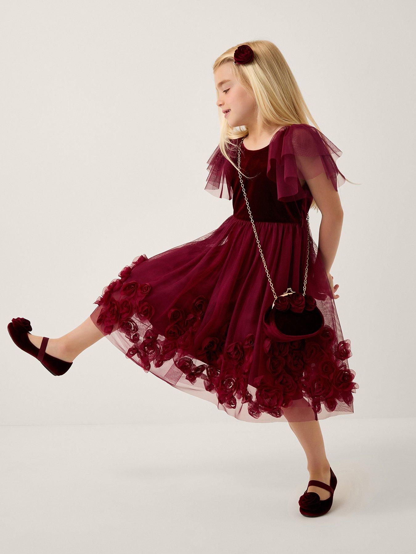 Monsoon Girls Eden Velvet Rose Applique Party Dress - Dark Red
