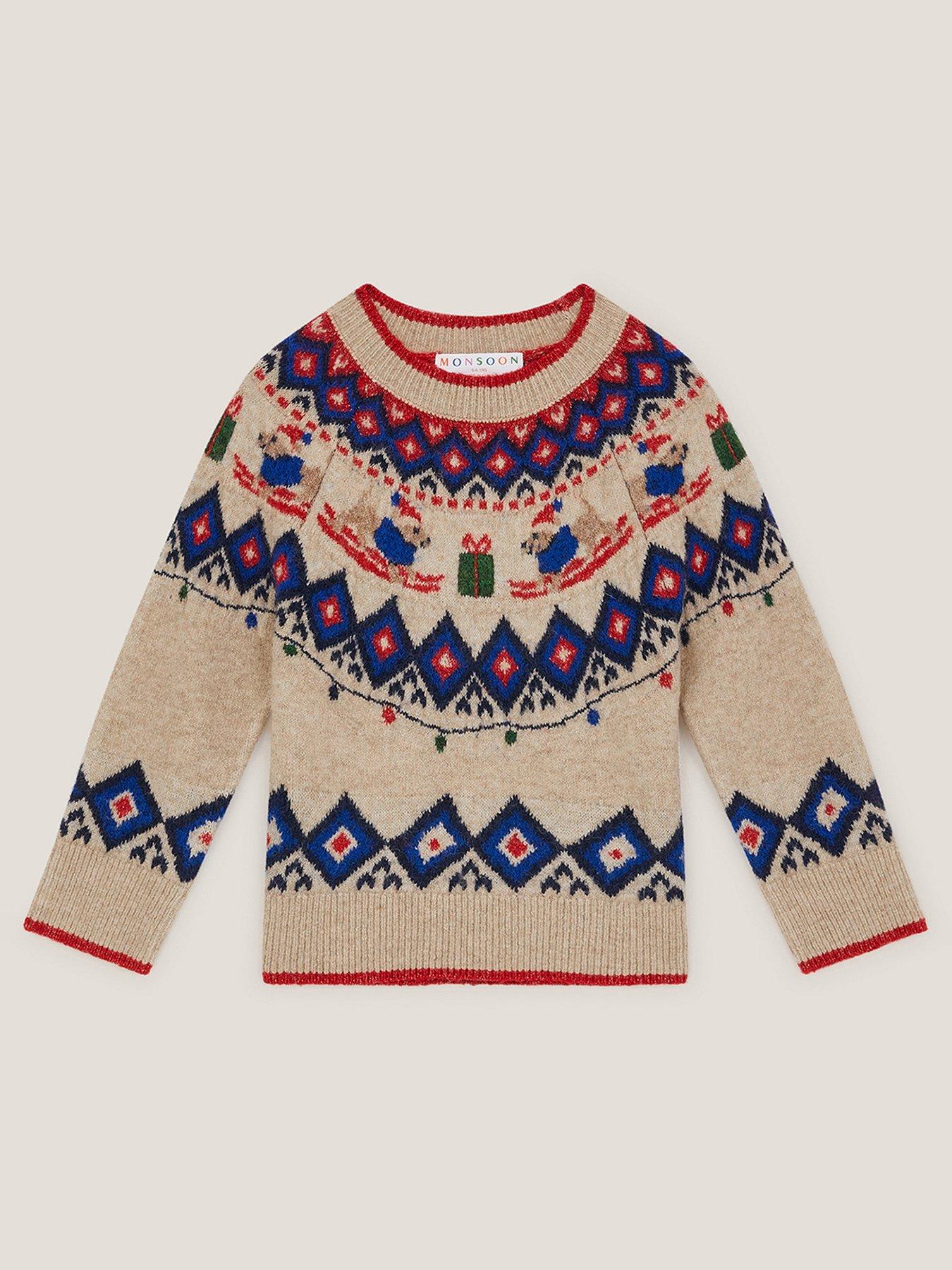Monsoon Boys Christmas Snow Dogs Fairisle Jumper - Cream