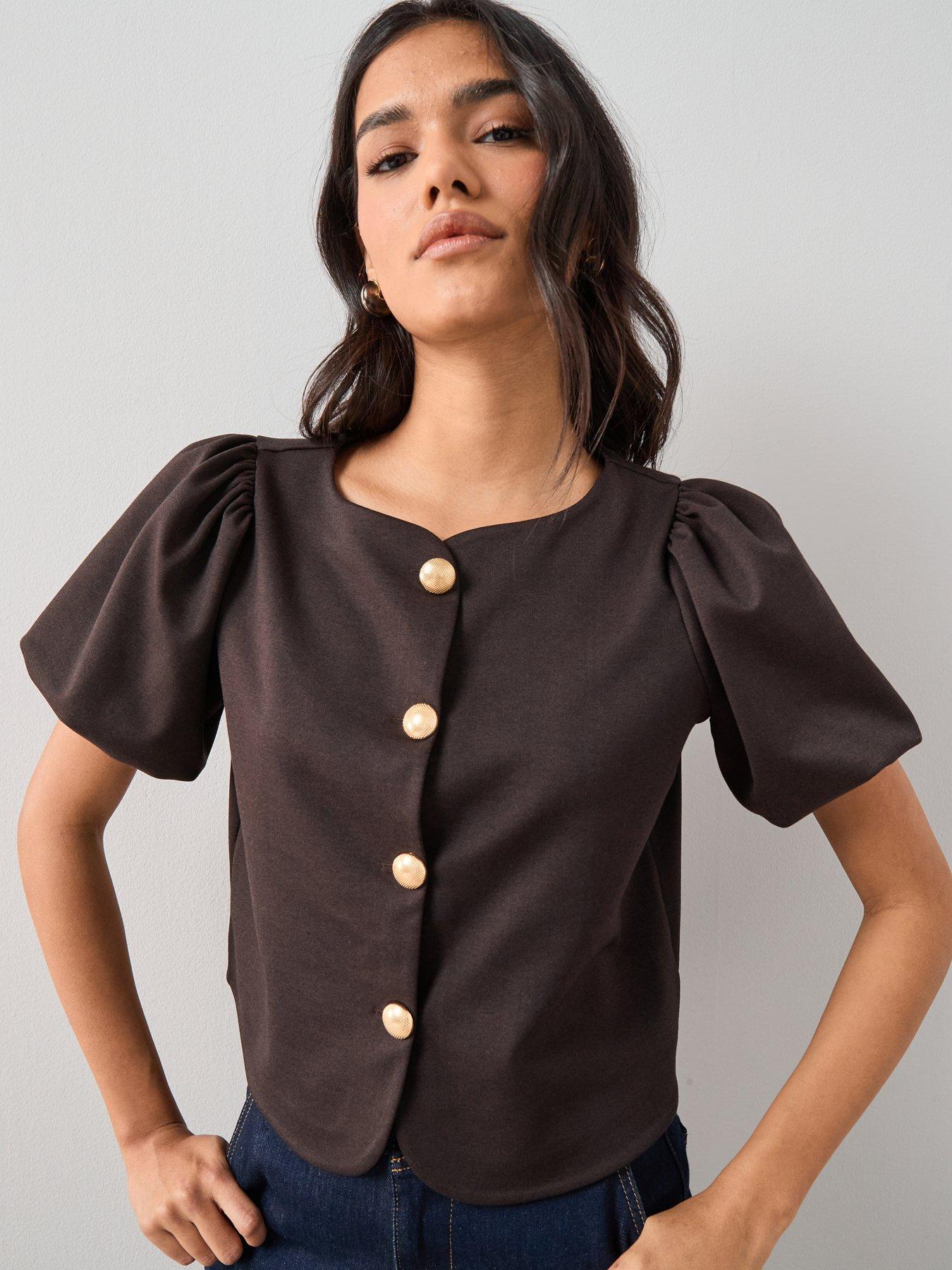 the-very-collection-puff-sleeve-button-up-top-brownfront