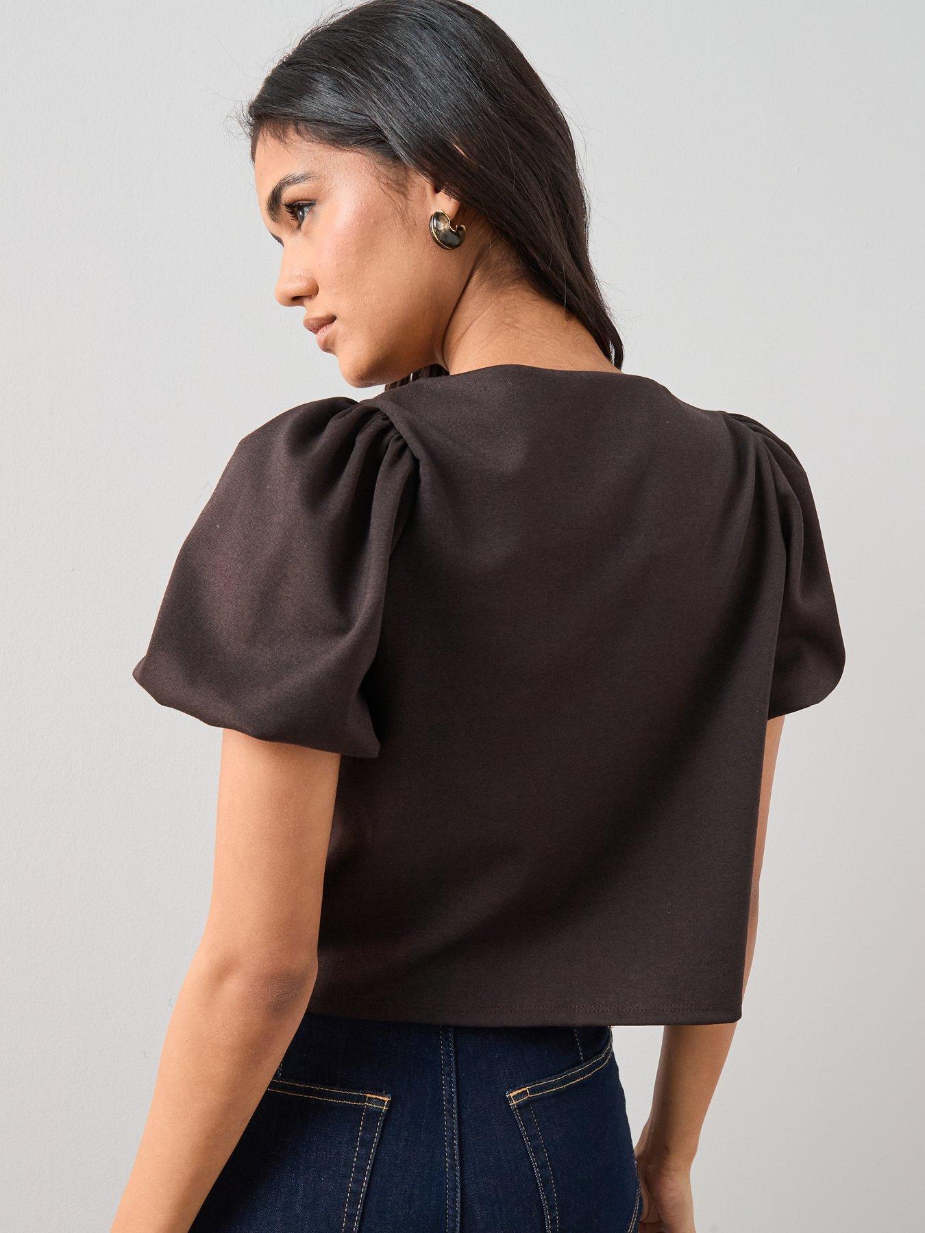 the-very-collection-puff-sleeve-button-up-top-brownstillFront