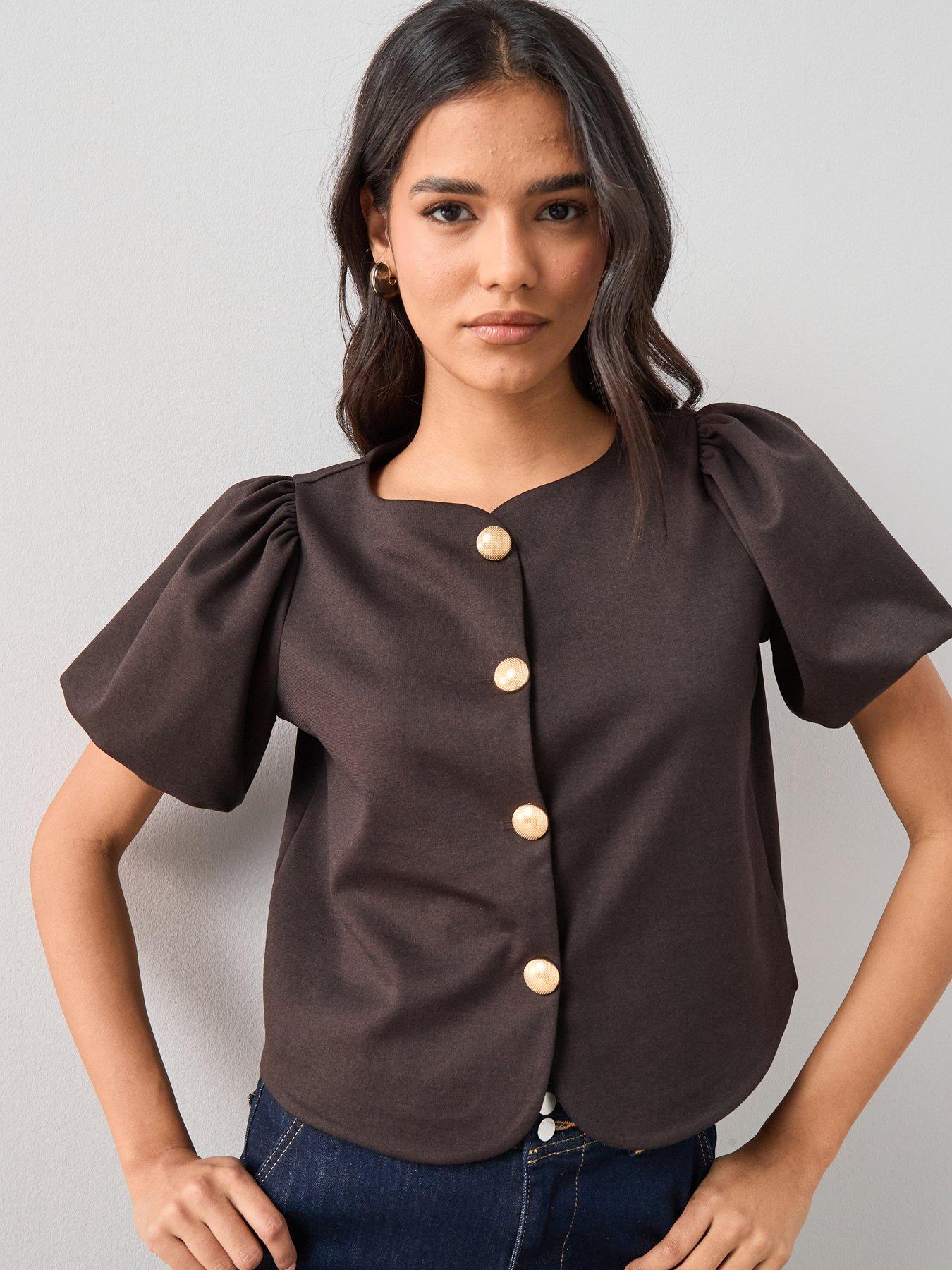 the-very-collection-puff-sleeve-button-up-top-browndetail