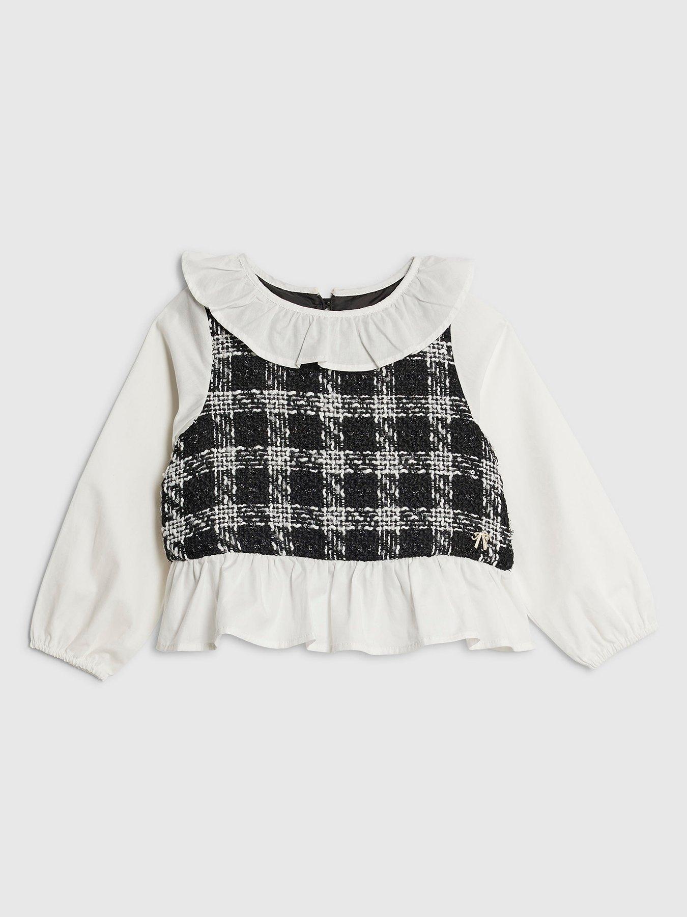 River Island Mini Girls Boucle Frill Peplum Top - Black