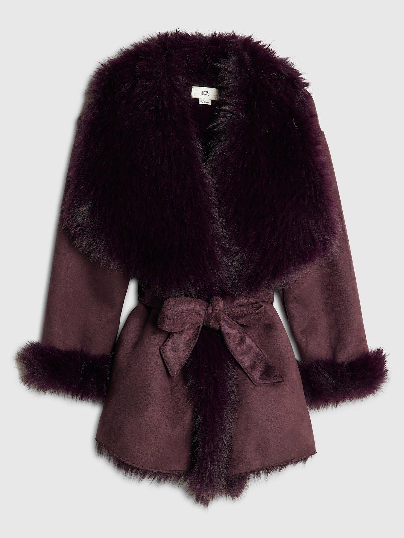 River Island Older Girls Faux Fur Suede Coat - Dark Red