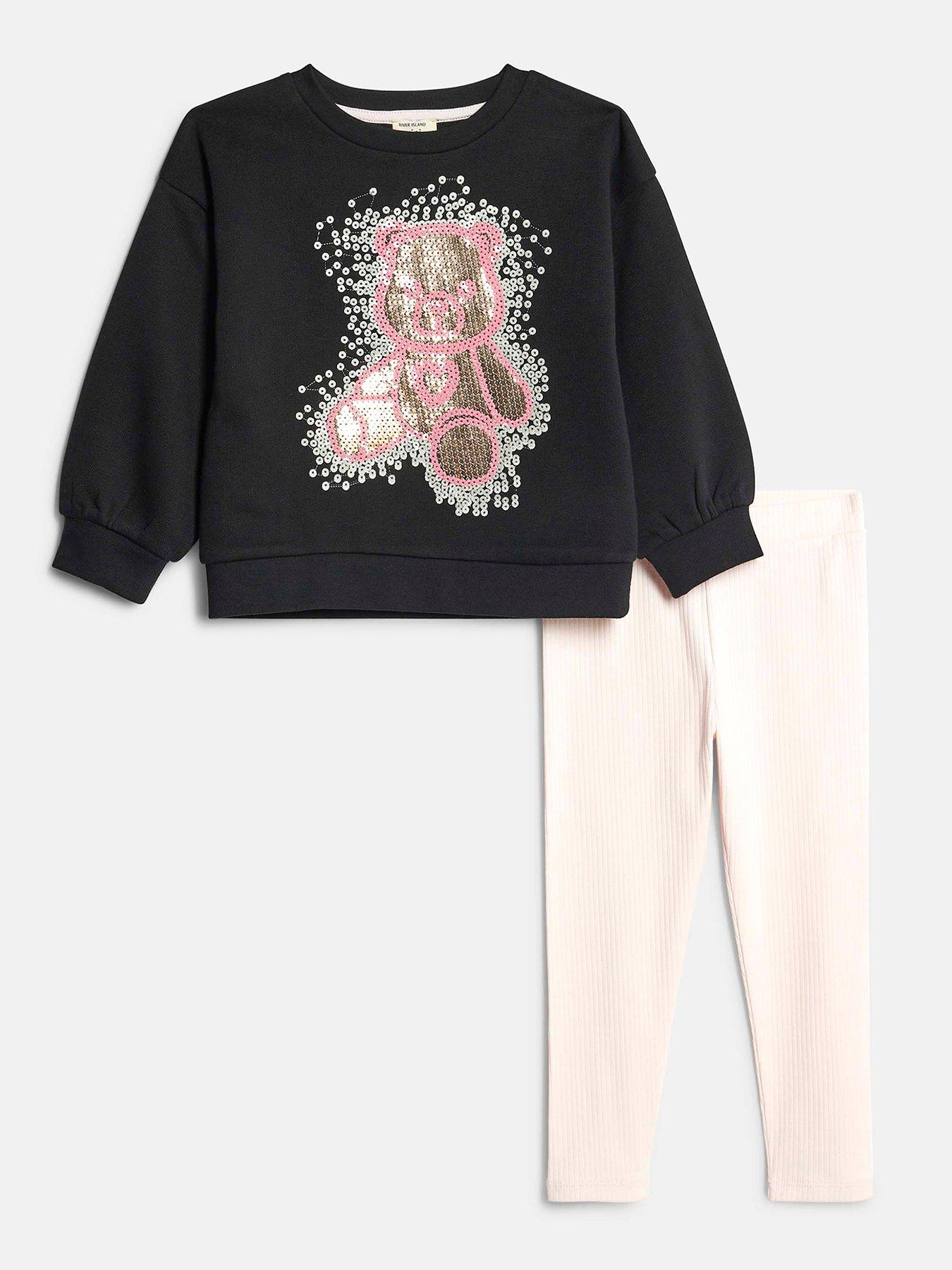 River Island Mini Mini Girls Sequin Bear Sweatshirt Set - Black