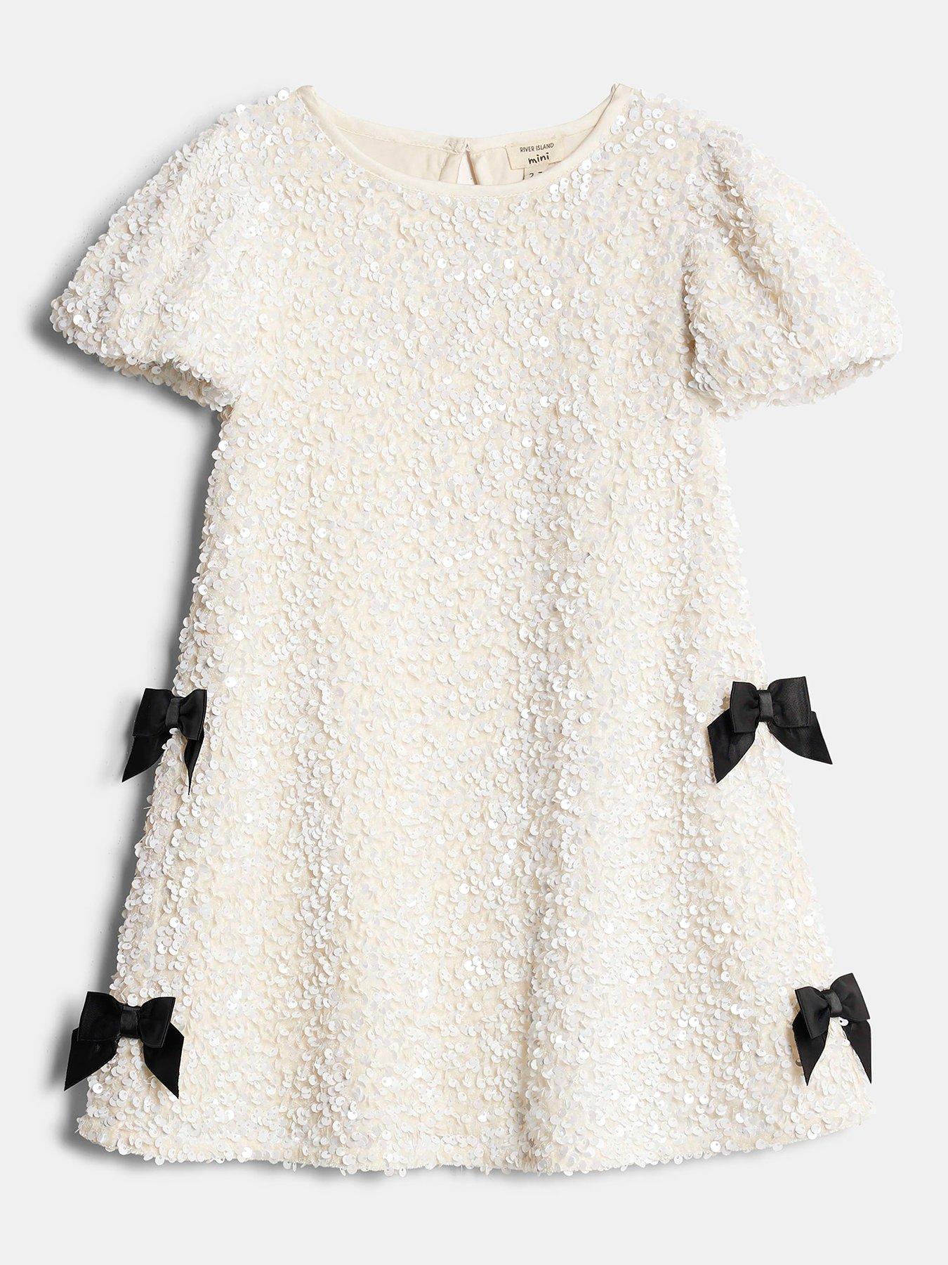 river island sequin dress white River Island Mini Mini Girls Sequin Bow Dress - White