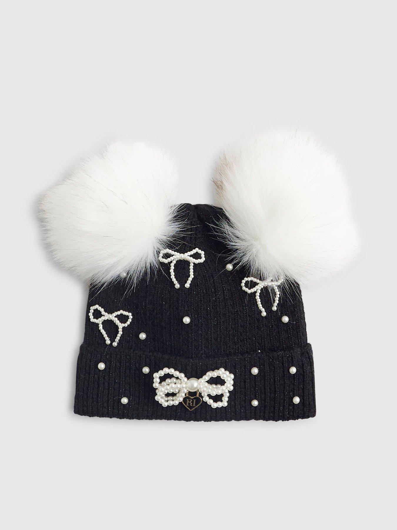 River Island Older Girls Pearl Bow Beanie Pom Hat - Black