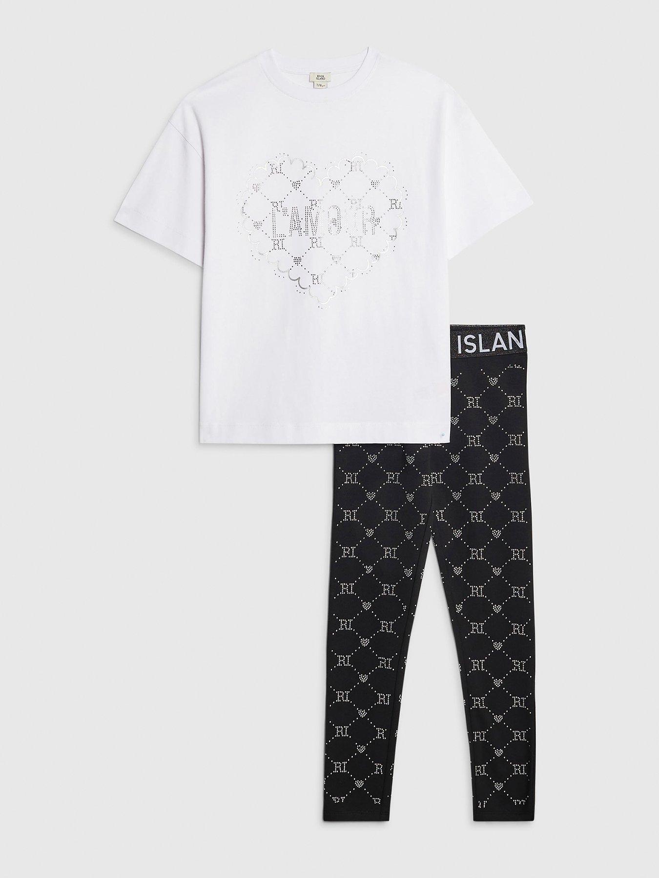 River Island Older Girls Waistband Monogram Leggings Set - Black/White