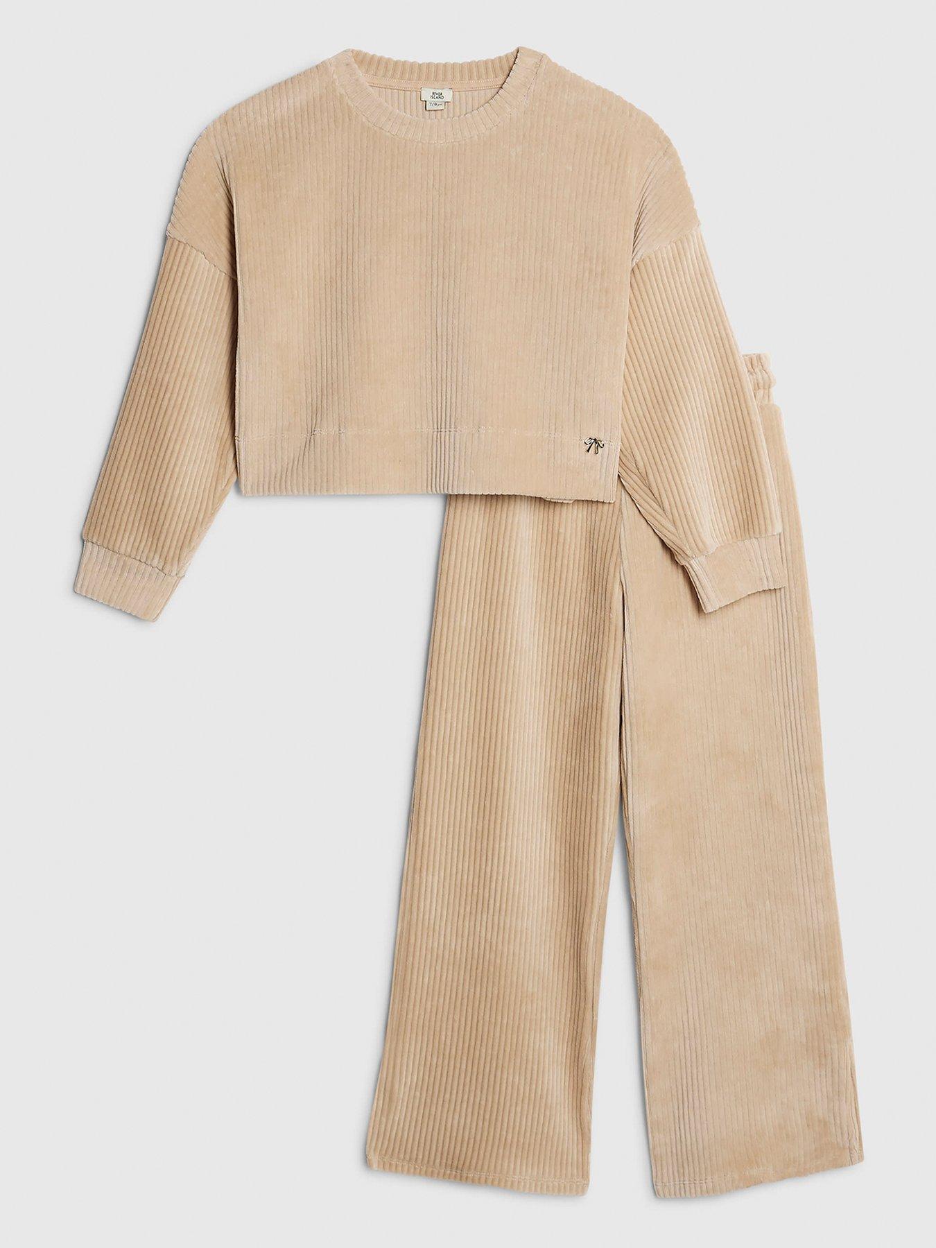 river-island-older-girls-cosy-ribbed-sweatshirt-set-beige