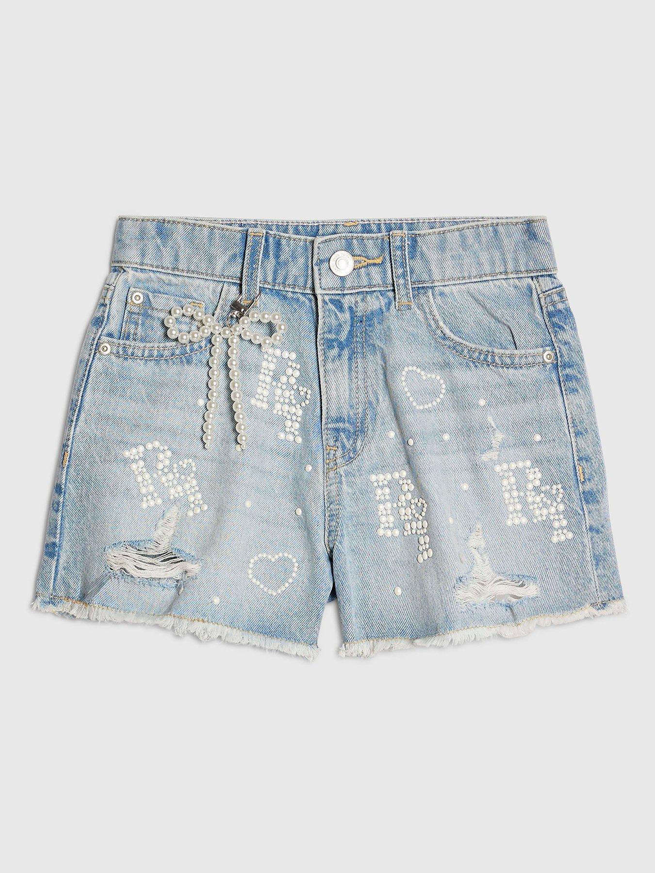 River Island Older Girls Pearl Bow Denim Shorts - Blue