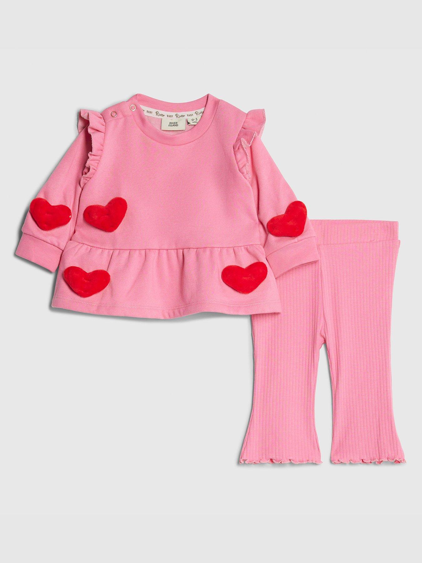 Image 1 of 5 of River Island Baby Girls 3D Heart Sweatshirt Set - Pink