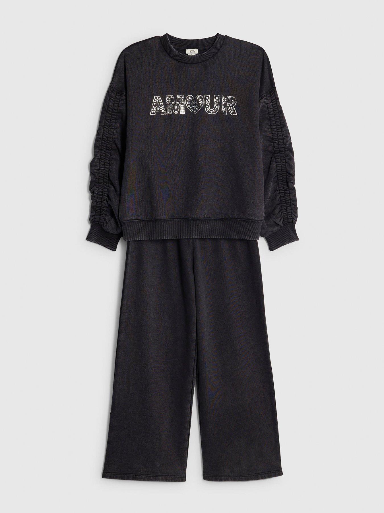 Image 3 of 4 of River Island Older Girls Washed Amour Sweatshirt Set - Grey